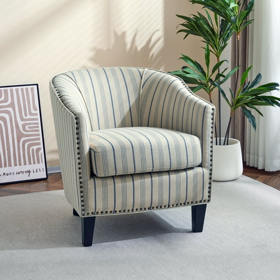 GDF Studio Transitional Stripe Upholstered Club Chair with Antique Brass Studs and Birch Wood Legs, Beige+Blue Stripe