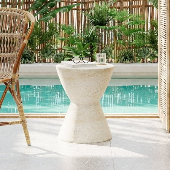 GDF Studio Travertine Tufa Texture Hourglass-Shaped Outdoor Lightweight Concrete MgO Side Table
