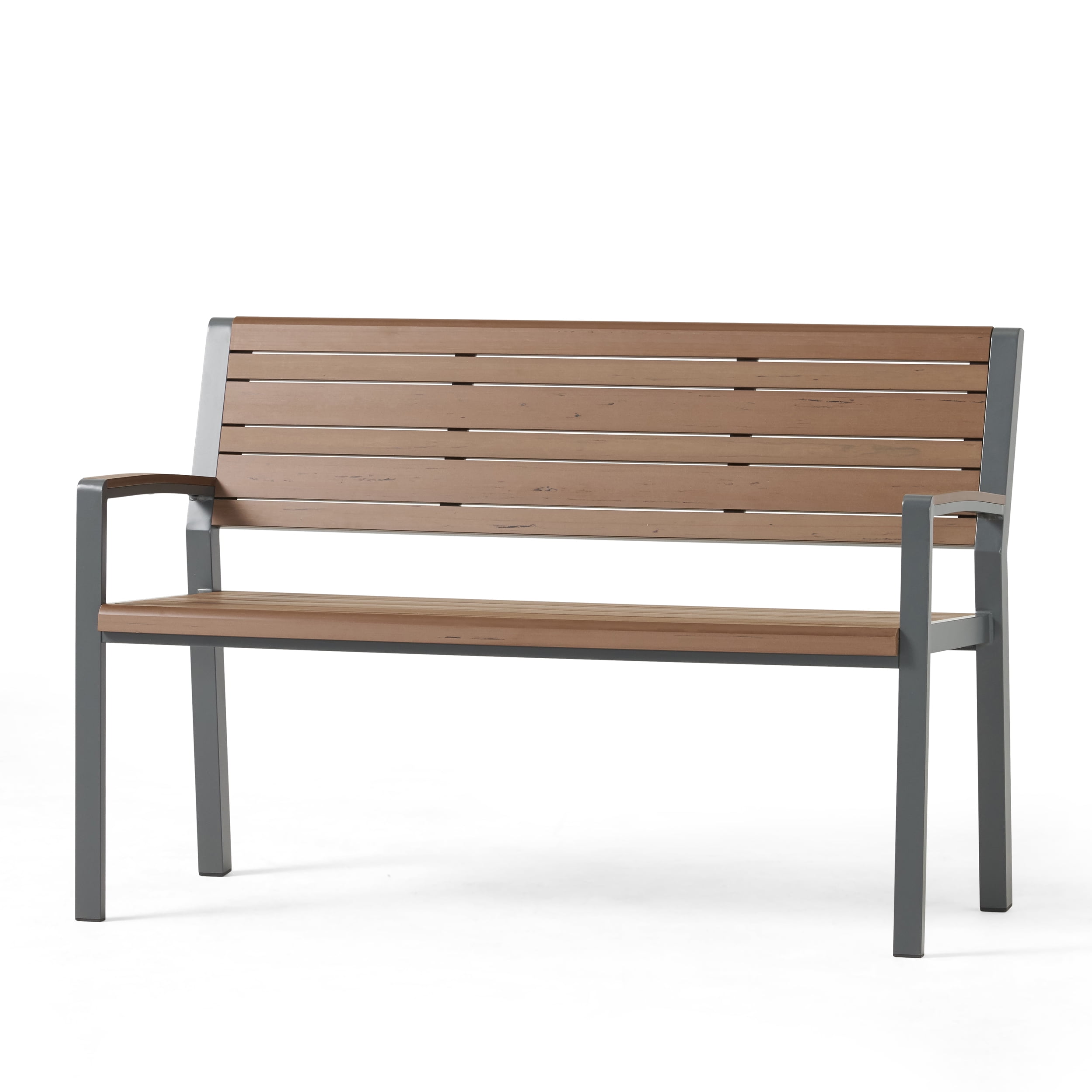 Gray Aluminum Outdoor Bench with Brown Faux Wood Slats