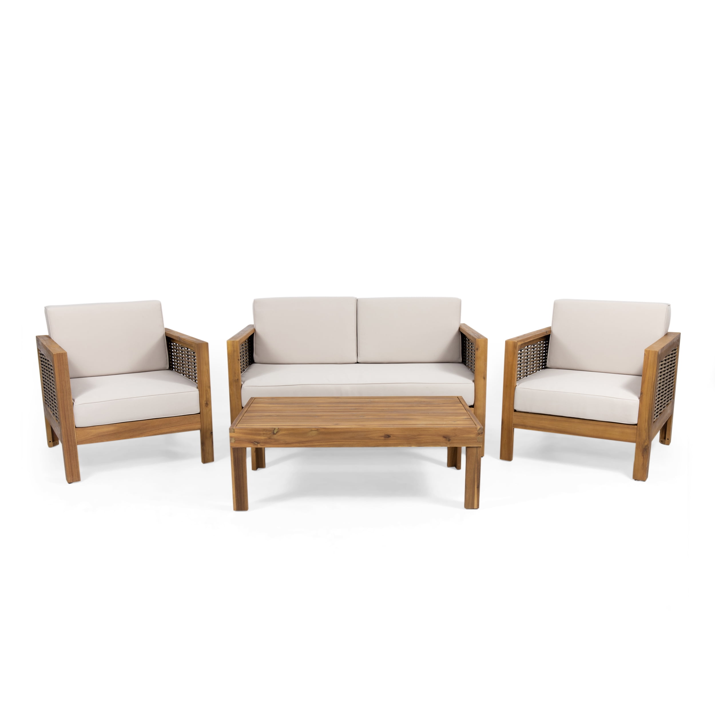 Beige and Teak Acacia Wood Outdoor 4 Seater Chat Set with Wicker Accents