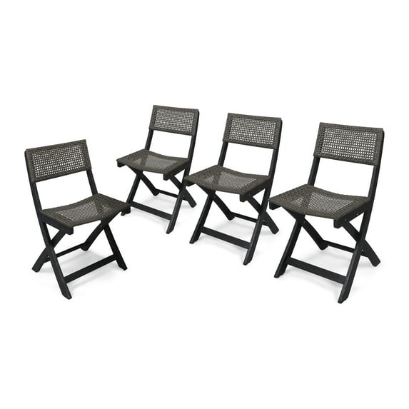 GDF Studio Truda Outdoor Acacia Wood Foldable Bistro Chairs with Wicker Seating (Set of 4), Dark Gray Finish and Brown Wicker
