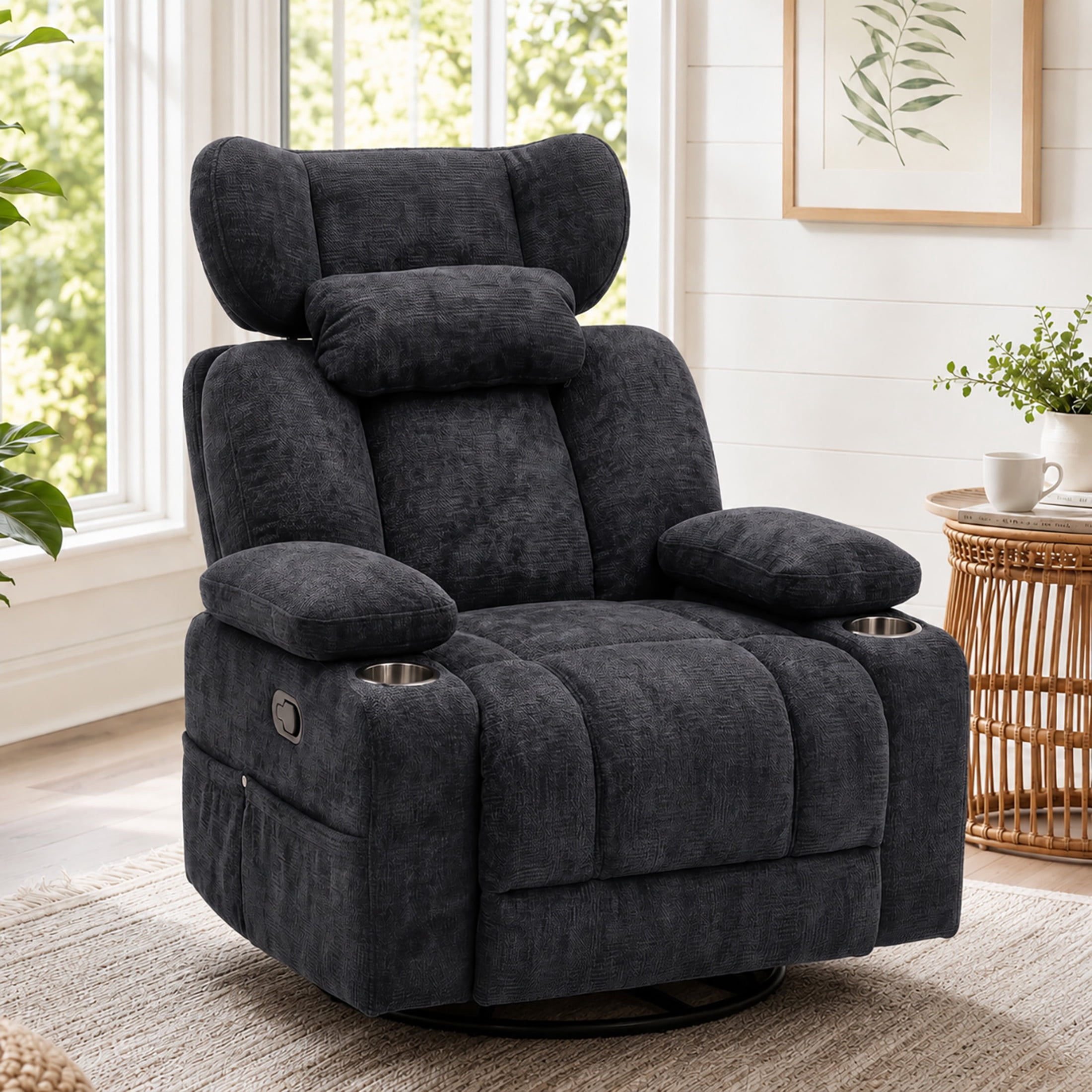 GDF Studio Turden 360° Swivel Manual Rocking Recliner with Detachable Neck Pillow, Versatile Lounge Chair, Dark Gray