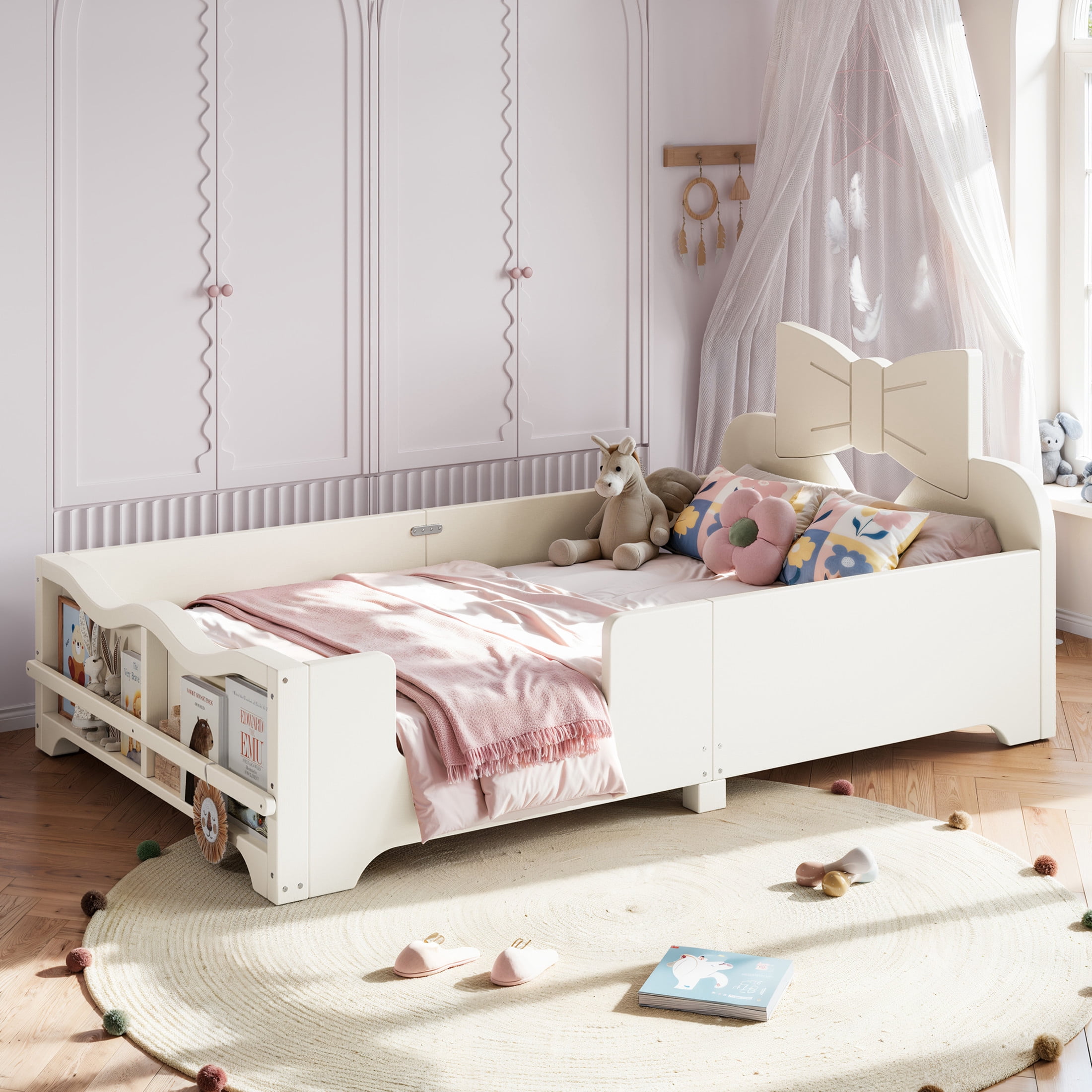 GDF Studio Twin Size Kids Platform Bed with Bowknot Headboard, Guardrails & Bookshelf, Beige