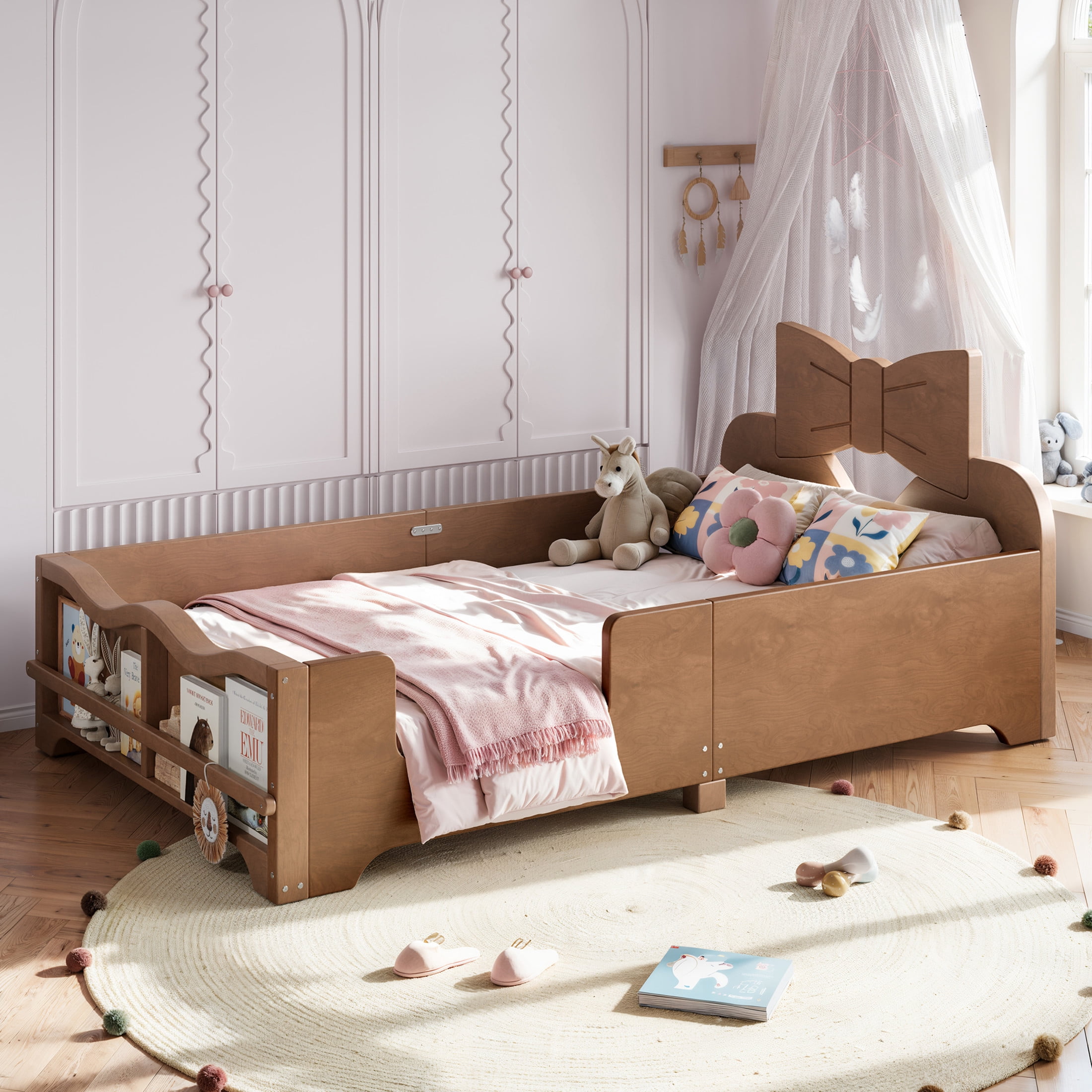 GDF Studio Twin Size Kids Platform Bed with Bowknot Headboard, Guardrails & Bookshelf, Brown