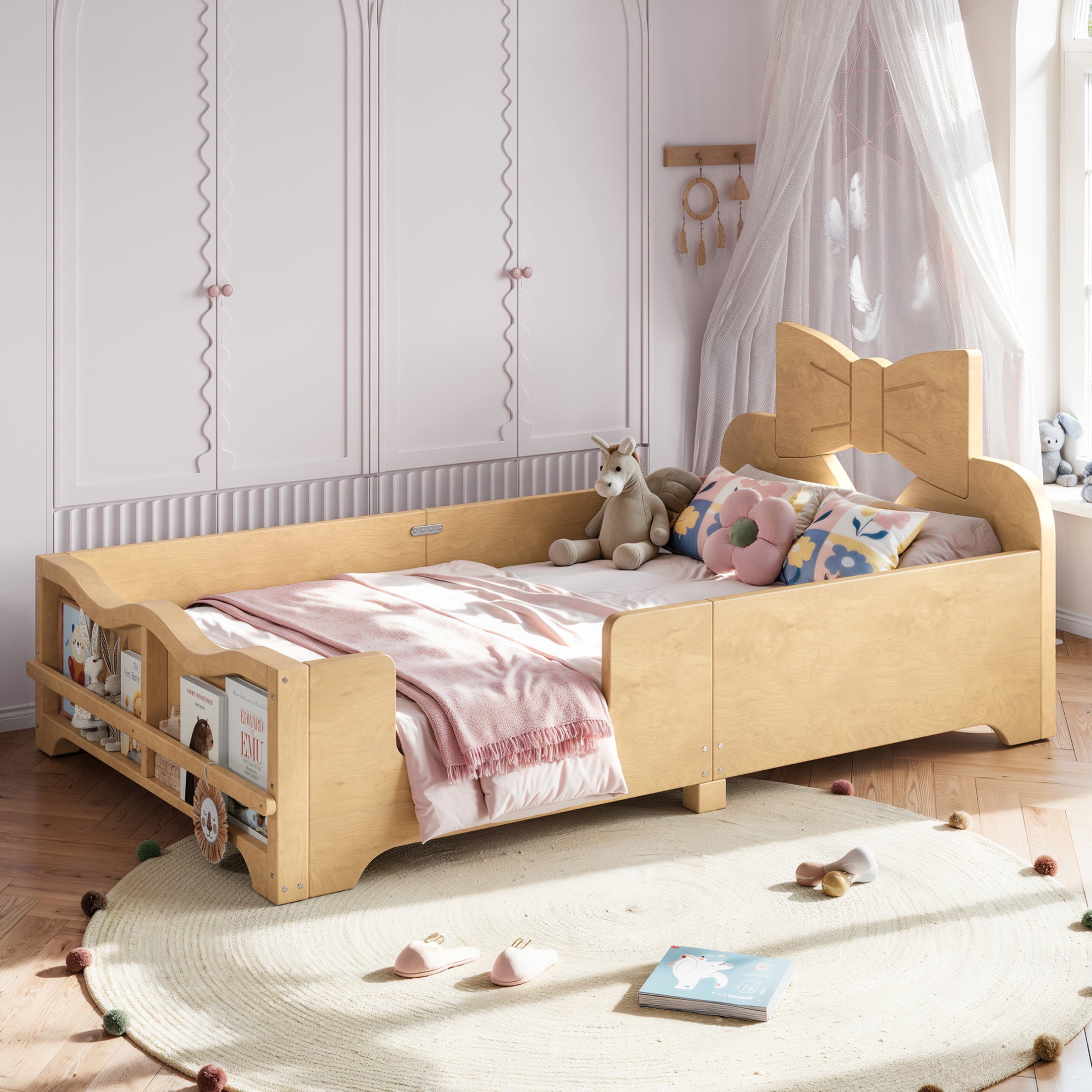 GDF Studio Twin Size Kids Platform Bed with Bowknot Headboard, Guardrails & Bookshelf, Natural
