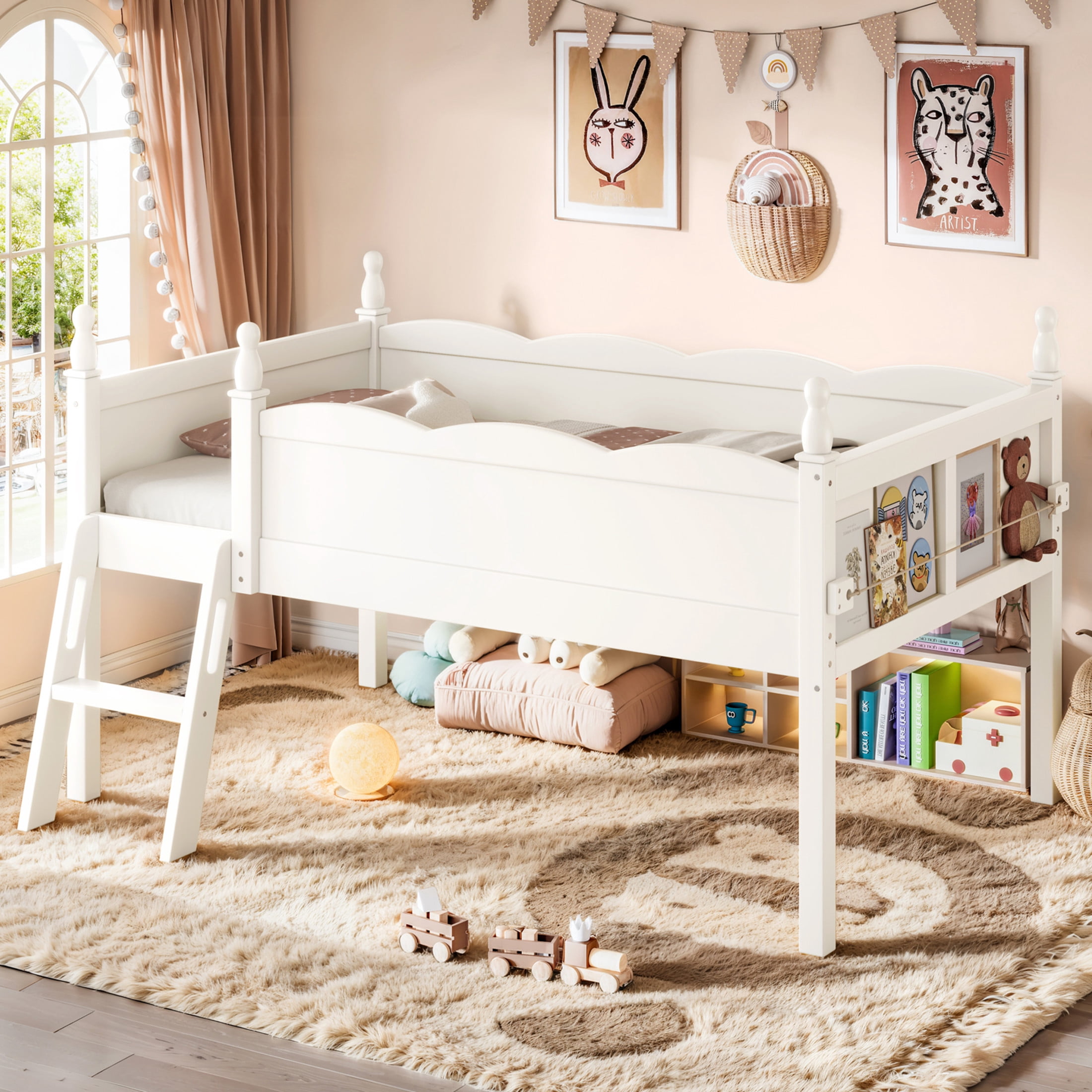 GDF Studio Twin Size Low Loft Bed with Guardrails, Ladder & Side Bookshelf, Chic Design, Beige