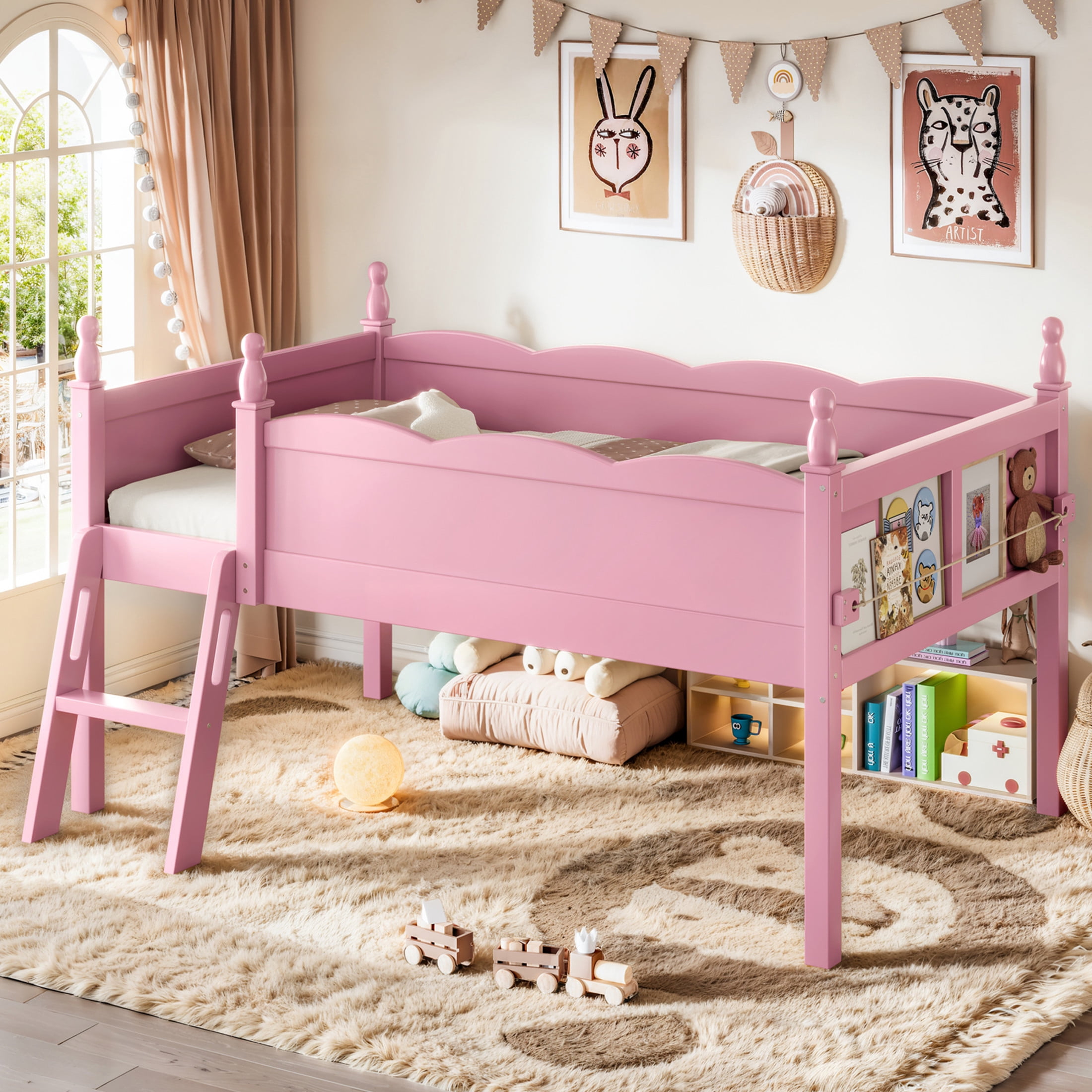 GDF Studio Twin Size Low Loft Bed with Guardrails, Ladder & Side Bookshelf, Chic Design, Pink