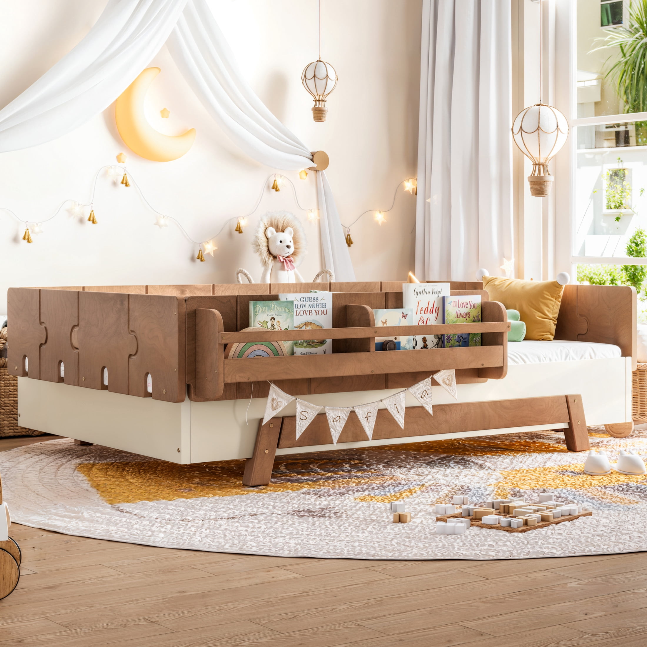 GDF Studio Twin Size Montessori Floor Bed with Guardrails & Bookshelves, Building Block Design, Beige+Brown