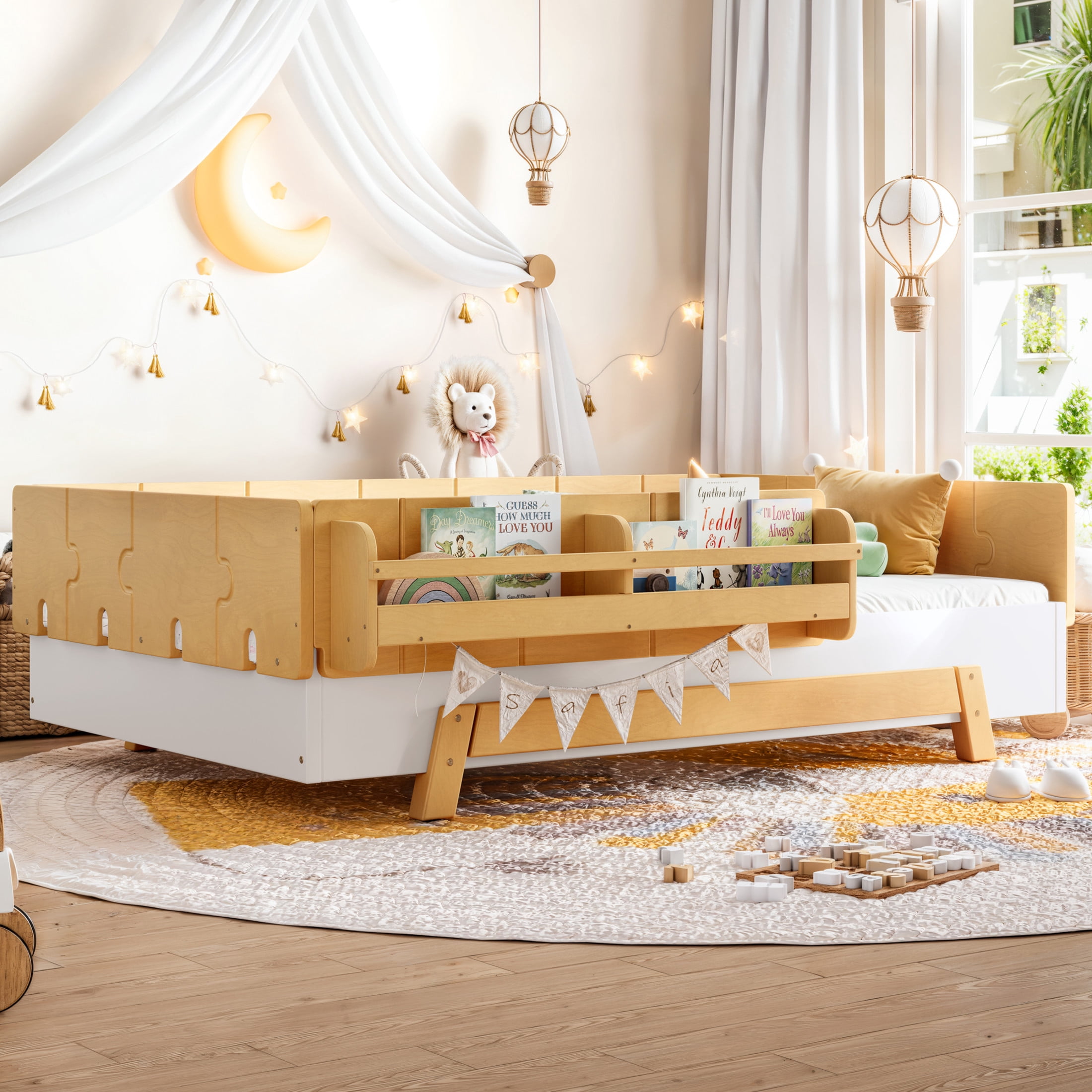 GDF Studio Twin Size Montessori Floor Bed with Guardrails & Bookshelves, Building Block Design, White+Natural