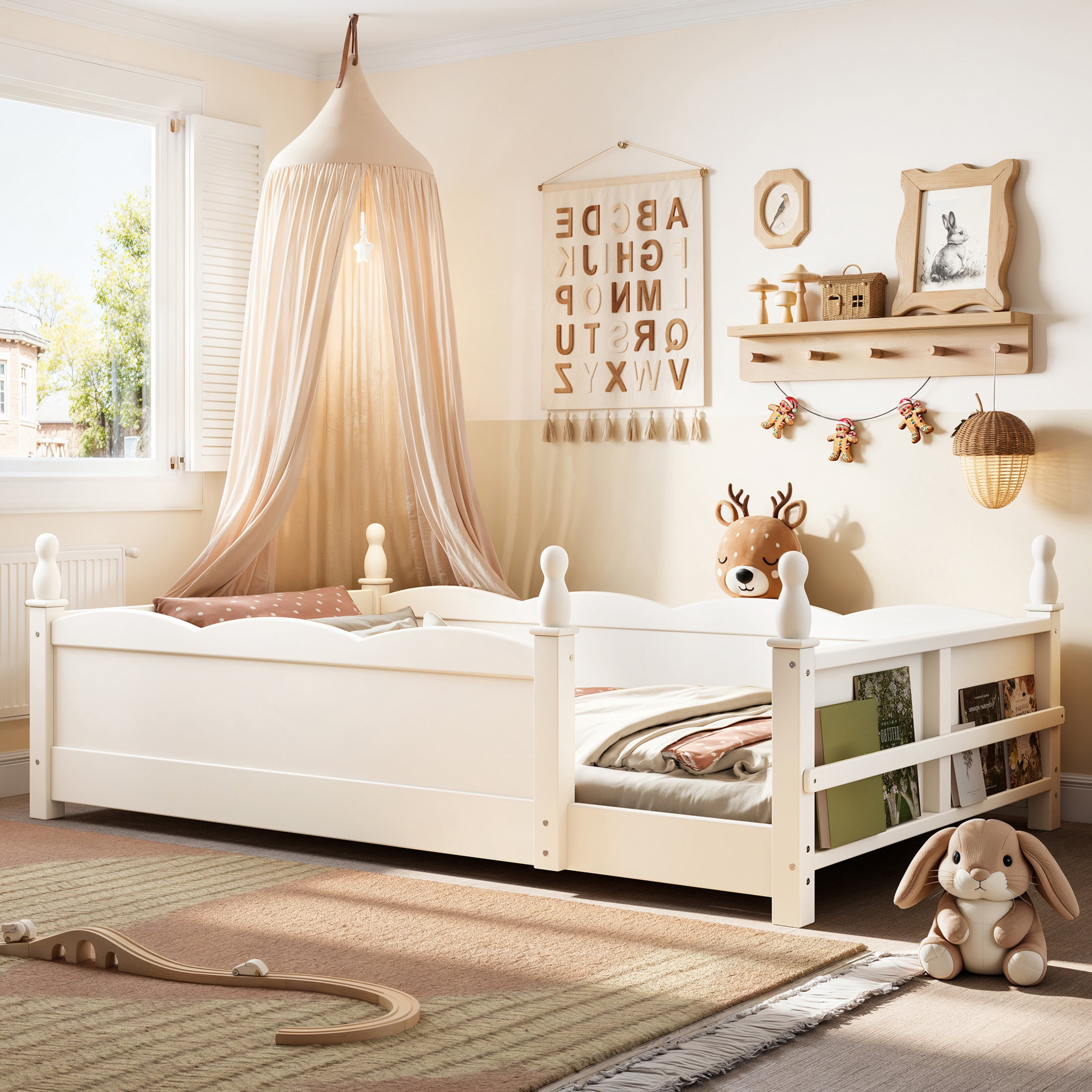 GDF Studio Twin Size Montessori Floor Bed with Guardrails & Side Bookshelf, Childlike Design, Beige
