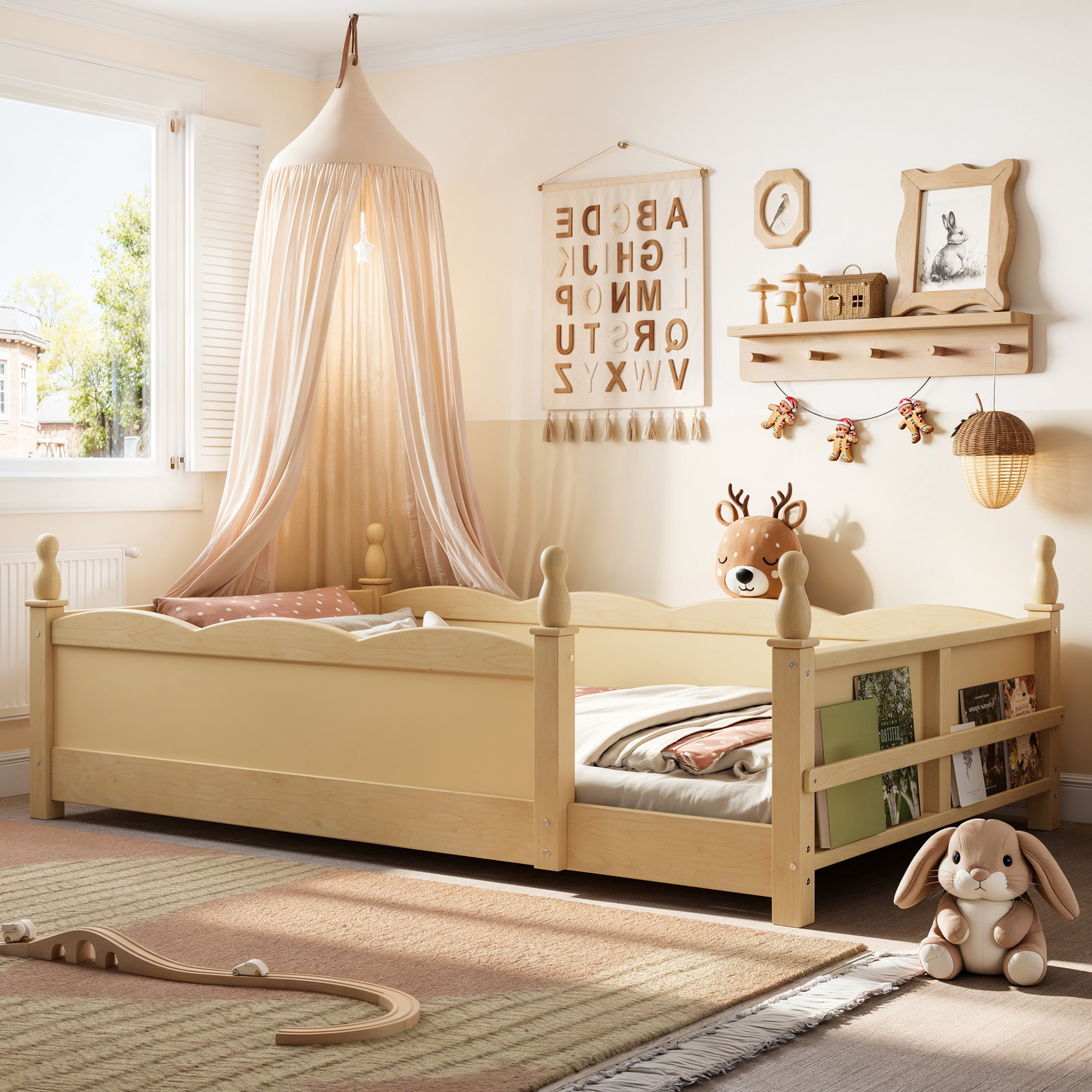 GDF Studio Twin Size Montessori Floor Bed with Guardrails & Side Bookshelf, Childlike Design, Natural