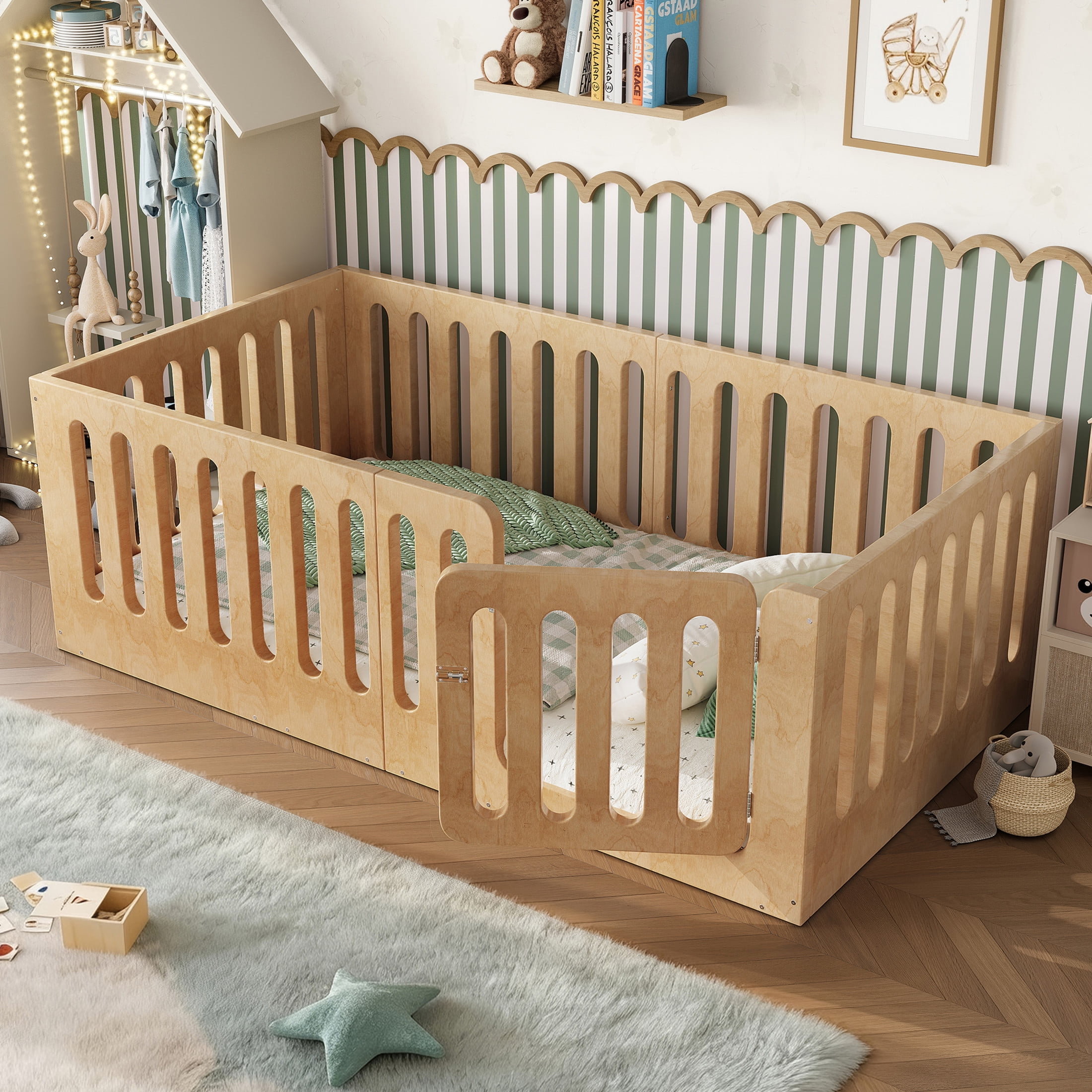 GDF Studio Twin Size Montessori Floor Bed with High Guardrails & Door, Low-Profile Design, Natural