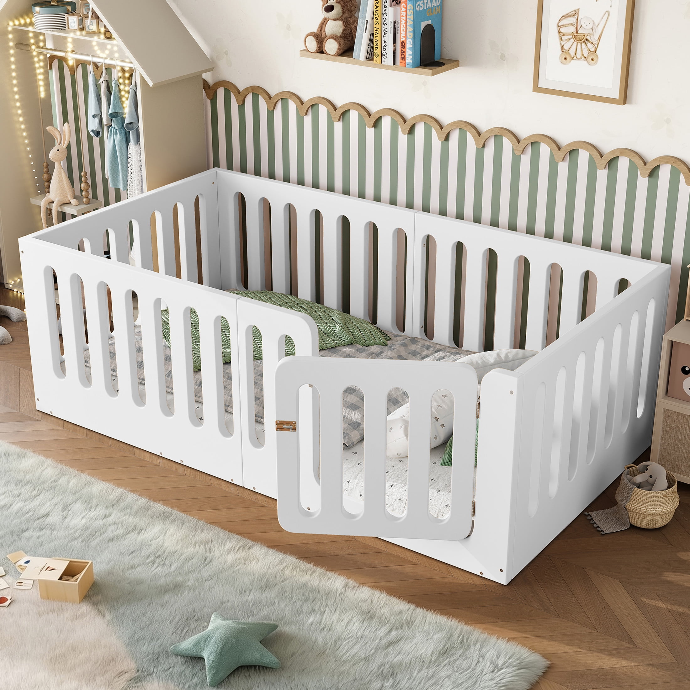 GDF Studio Twin Size Montessori Floor Bed with High Guardrails & Door, Low-Profile Design, White