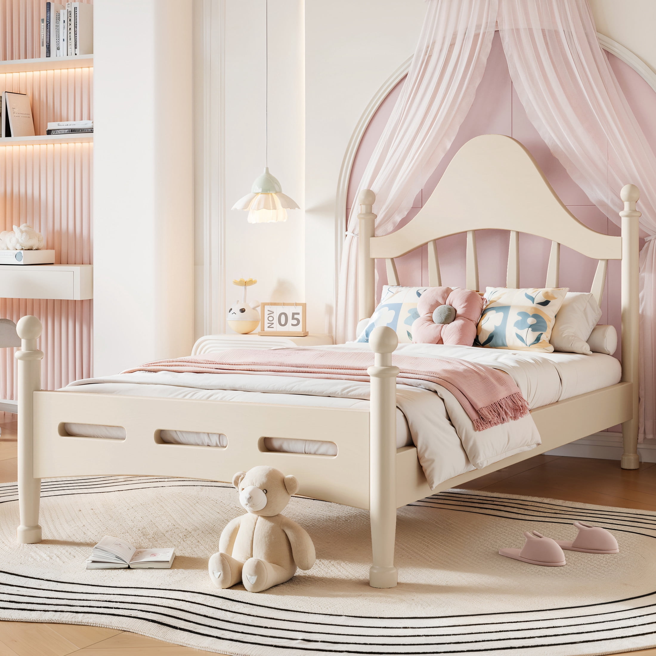 GDF Studio Twin Size Platform Bed with Curved Headboard, Solid Pine Frame, Slatted Support, Beige
