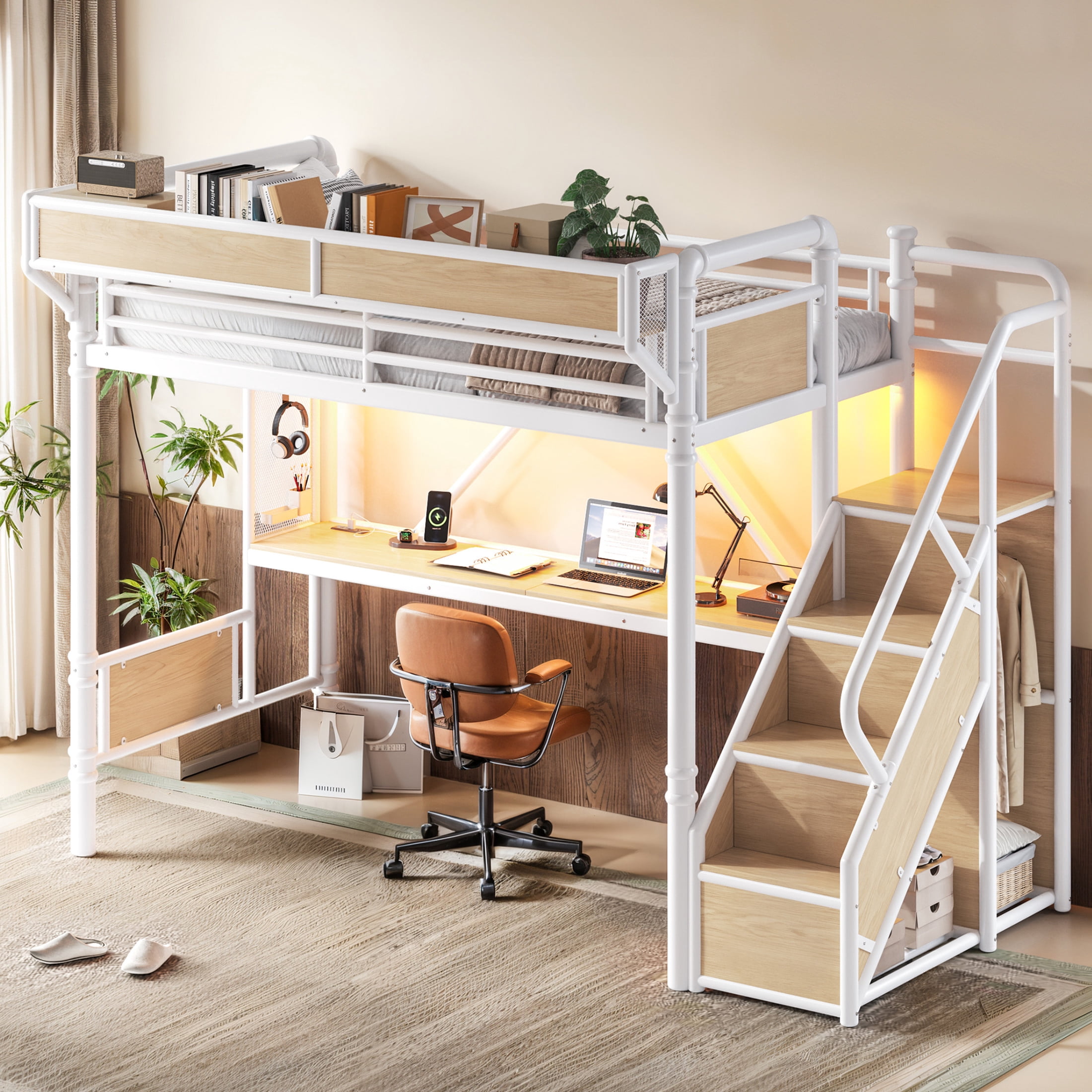 GDF Studio Twin XL Metal Loft Bed with Desk, Power Outlet, LED Light, Storage & Wardrobe, White