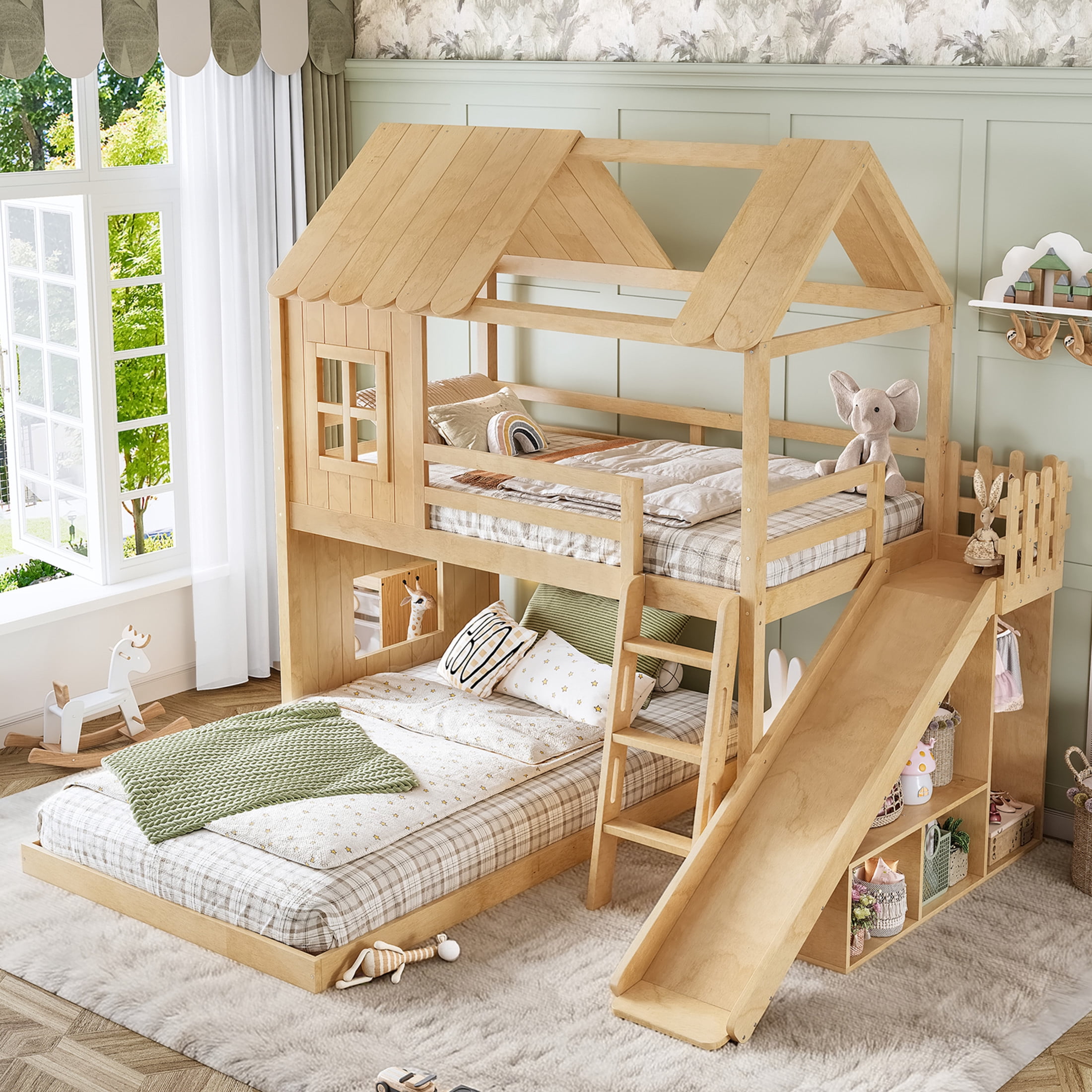 GDF Studio Twin over Full House Bunk Bed with Slide, Ladder, Shelves & Wardrobe, Natural