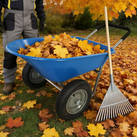 GDF Studio Two-Wheeled Garden Wheelbarrow, Heavy Duty Tray with 15" Pneumatic Wheels, Transporting, Blue