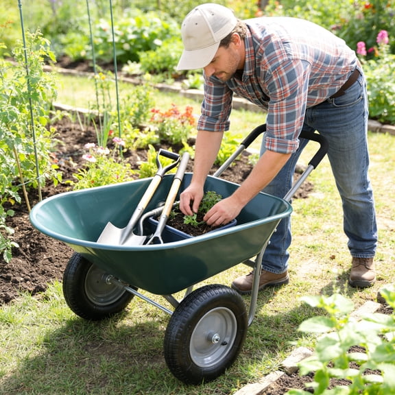 GDF Studio Two-Wheeled Garden Wheelbarrow, Heavy Duty Tray with 15" Pneumatic Wheels, Transporting, Green