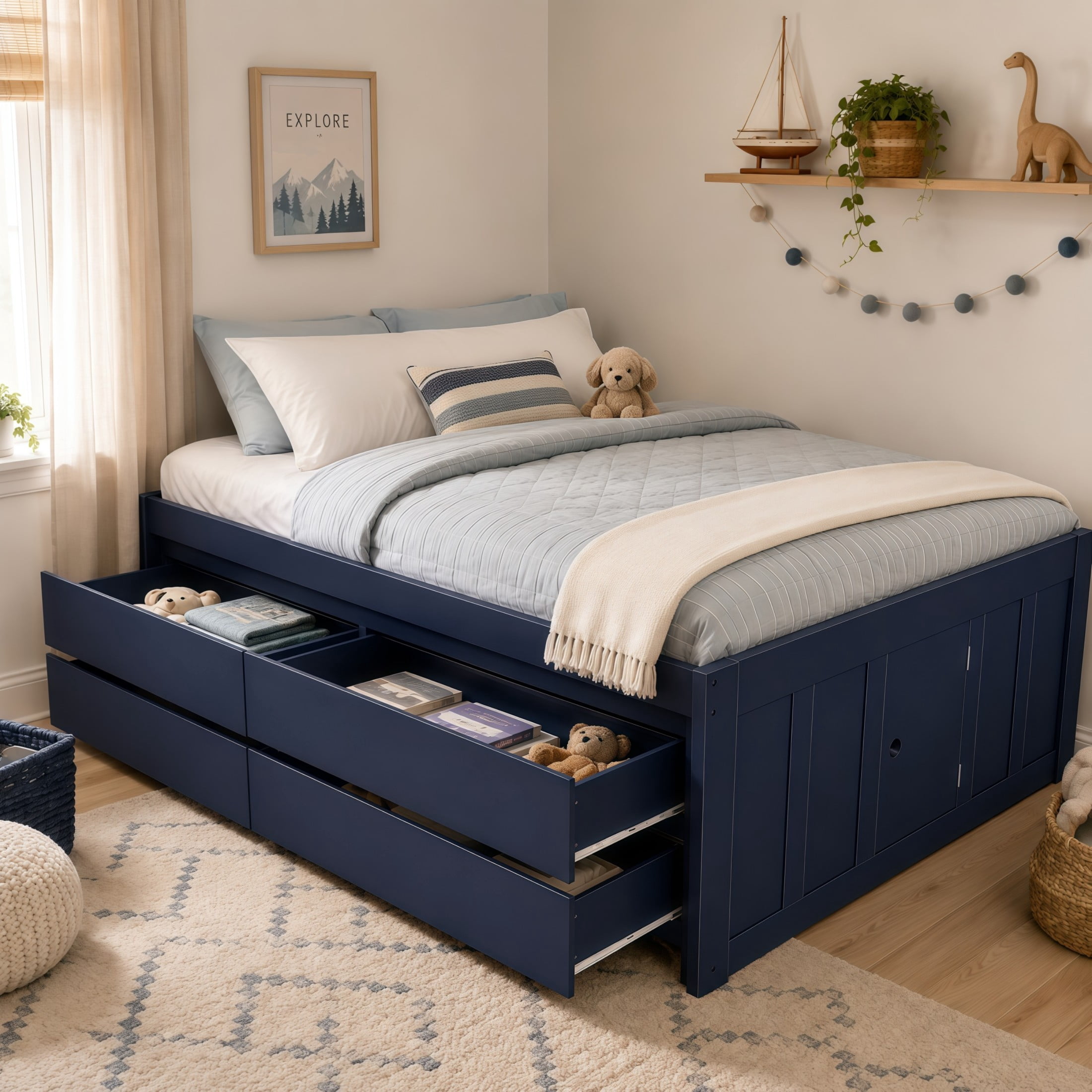 GDF Studio Tyler Full Size Captain Bed with Storage Drawers & Side Door, Modern Space-Saving Bed for Kids, Navy Blue