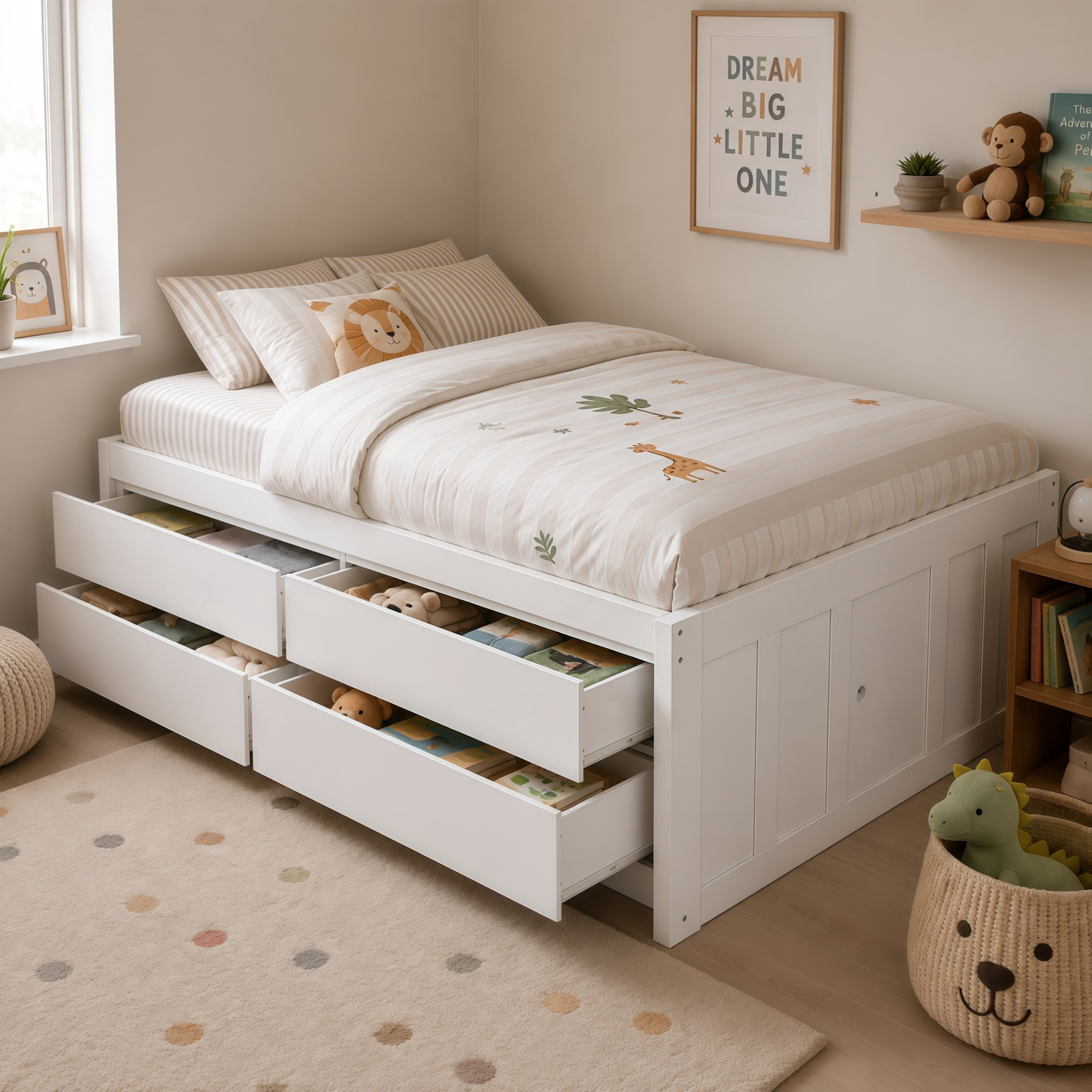 GDF Studio Tyler Full Size Captain Bed with Storage Drawers & Side Door, Modern Space-Saving Bed for Kids, White