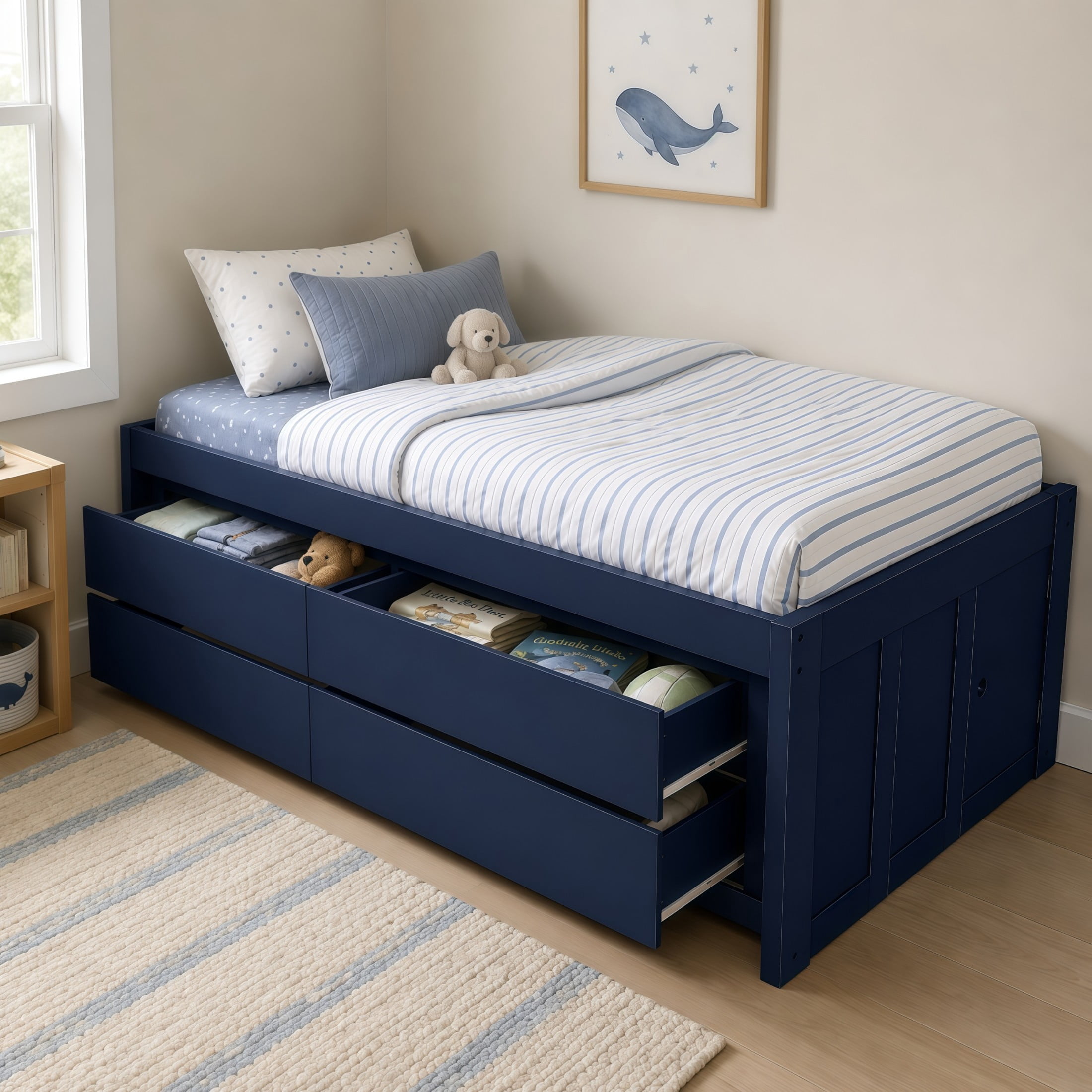 GDF Studio Tyler Twin Size Captain Bed with Storage Drawers & Side Door, Modern Space-Saving Bed for Kids, Navy Blue