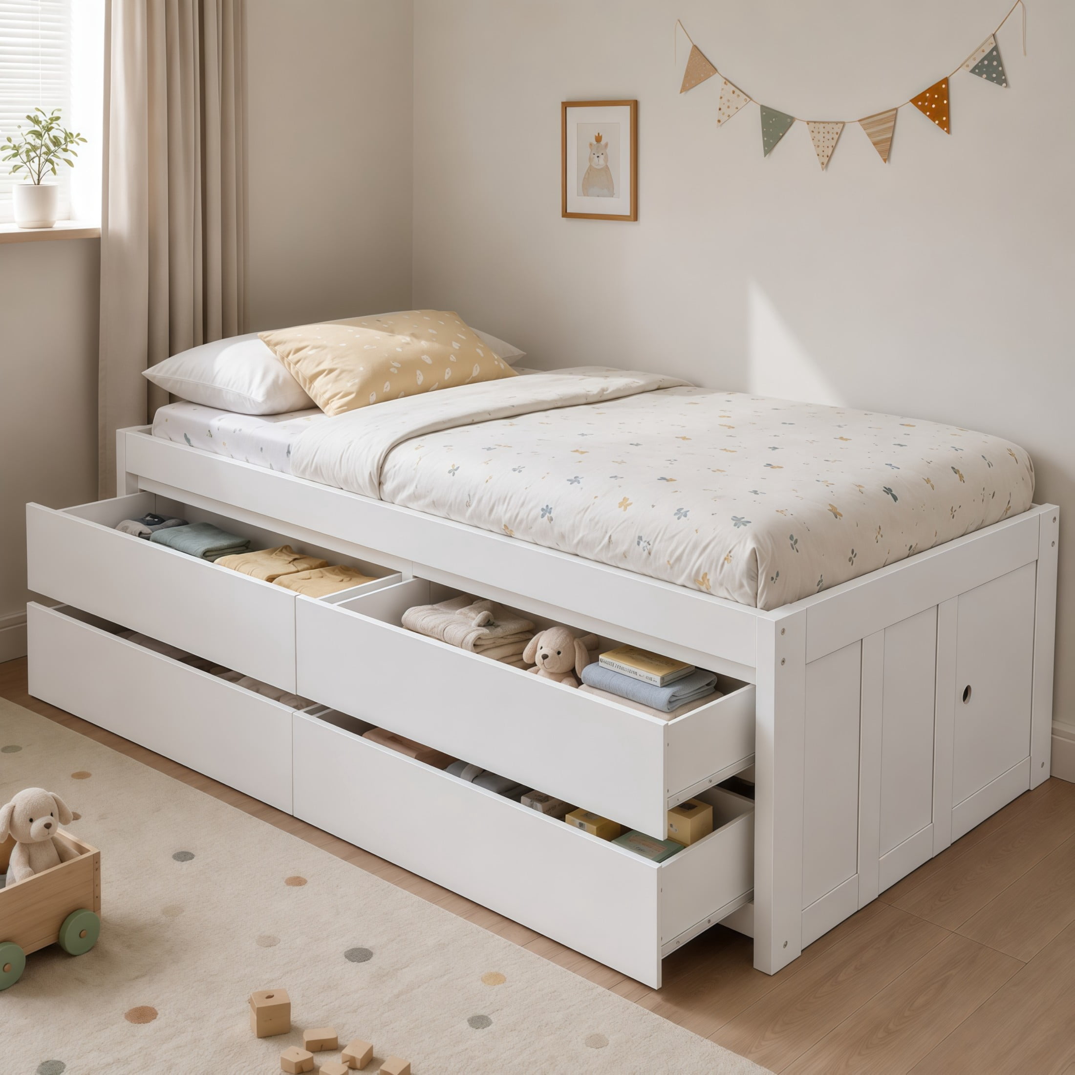 GDF Studio Tyler Twin Size Captain Bed with Storage Drawers & Side Door, Modern Space-Saving Bed for Kids, White