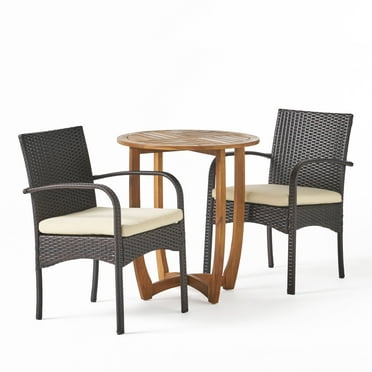 GDF Studio Typhaine Outdoor Acacia Wood and Wicker 3 Piece Bistro Set with Cushions, Teak, Multibrown, and Beige