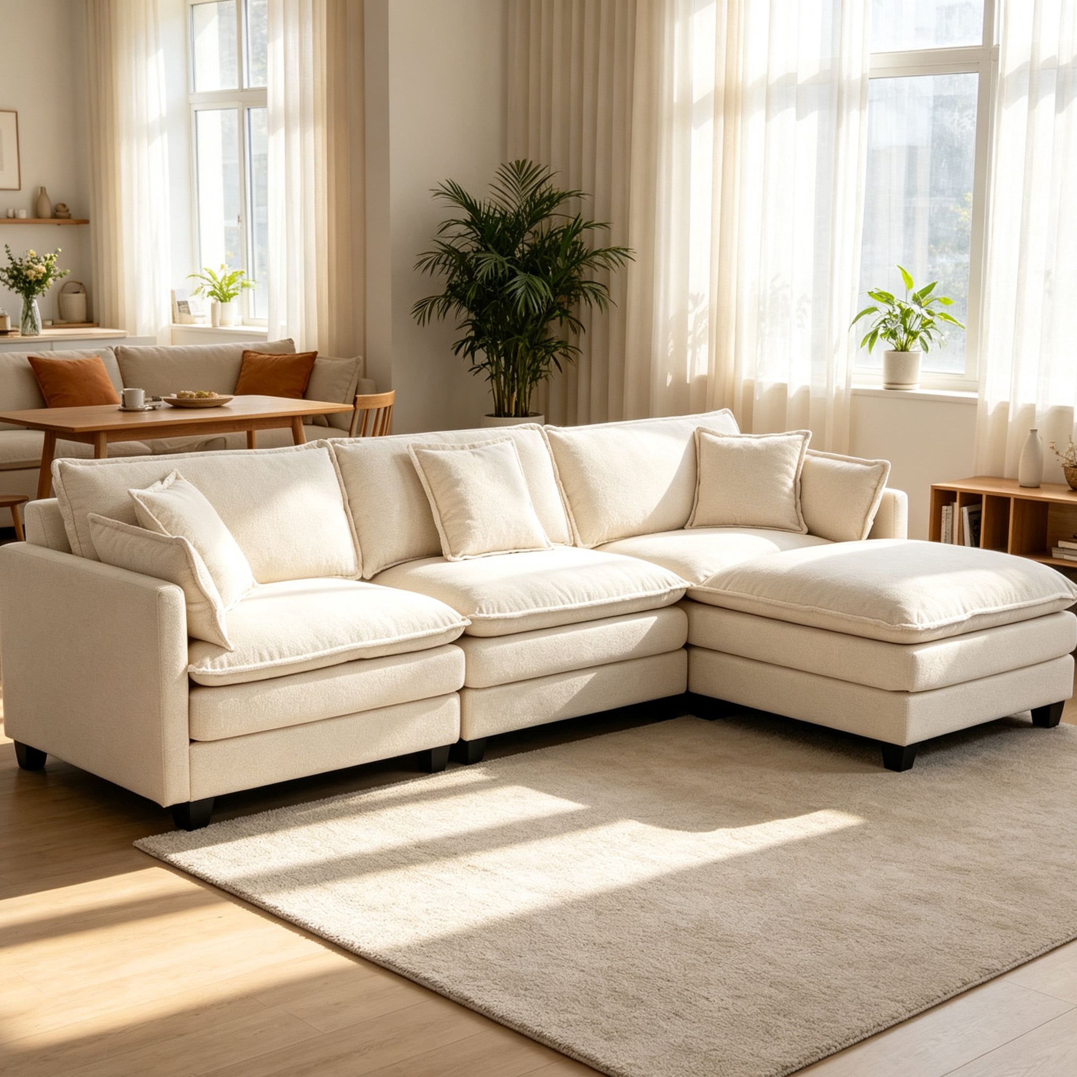 GDF Studio Udolf 113.77" Modern 3-Seat Modular Sectional Sofa with Ottoman and Pillows, Chaise Lounge for Living Room, Beige