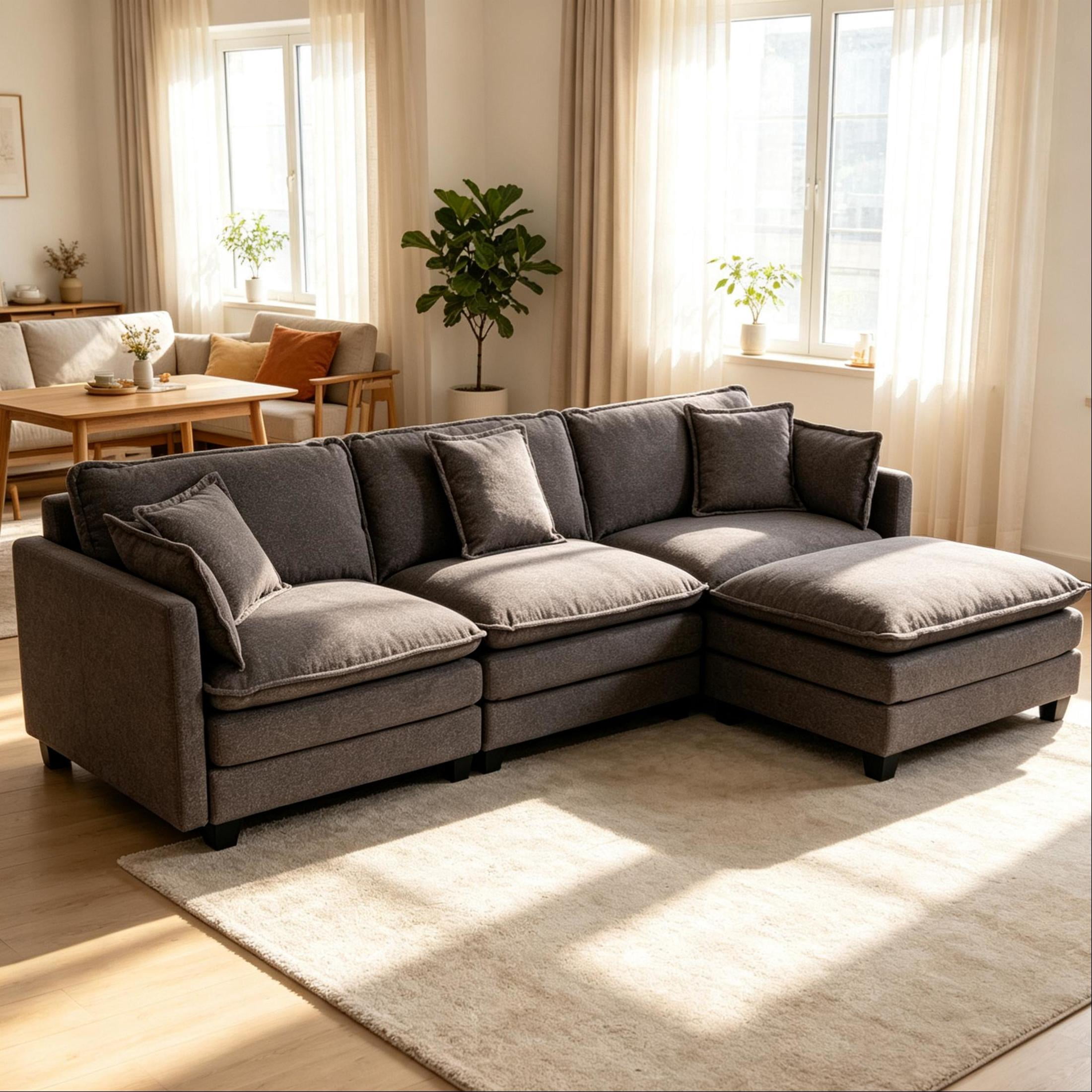 GDF Studio Udolf 113.77" Modern 3-Seat Modular Sectional Sofa with Ottoman and Pillows, Chaise Lounge for Living Room, Grey