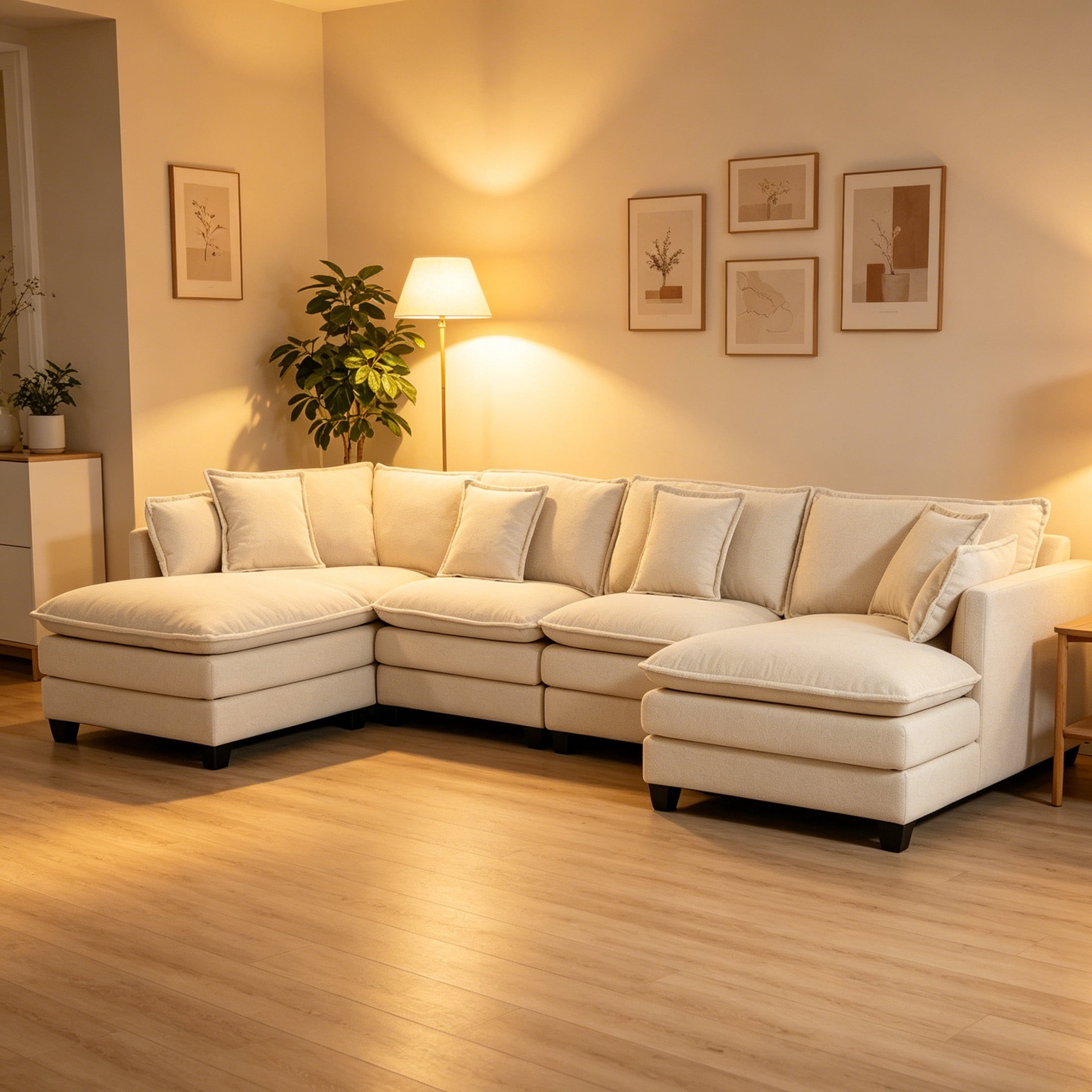 GDF Studio Udolf 149.61" Modern 4-Seat Modular Sectional Sofa with Ottomans and Pillows, Chaise Lounge for Living Room, Beige