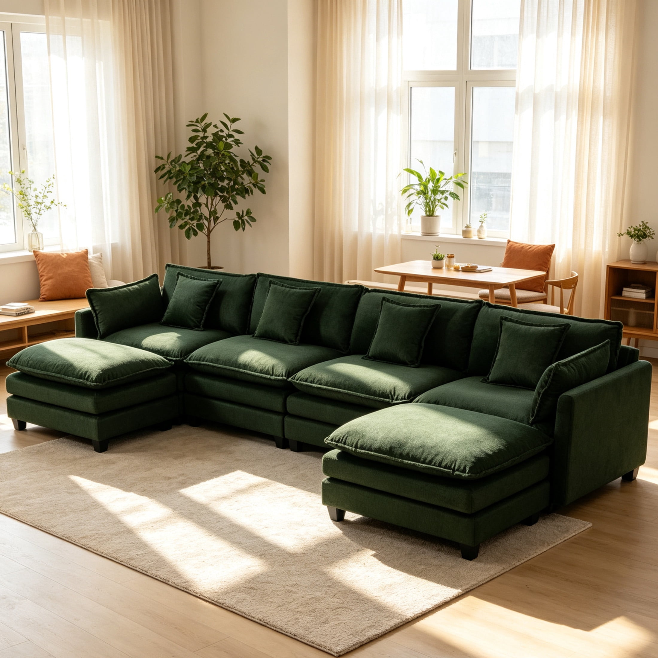 GDF Studio Udolf 149.61" Modern 4-Seat Modular Sectional Sofa with Ottomans and Pillows, Chaise Lounge for Living Room, Green