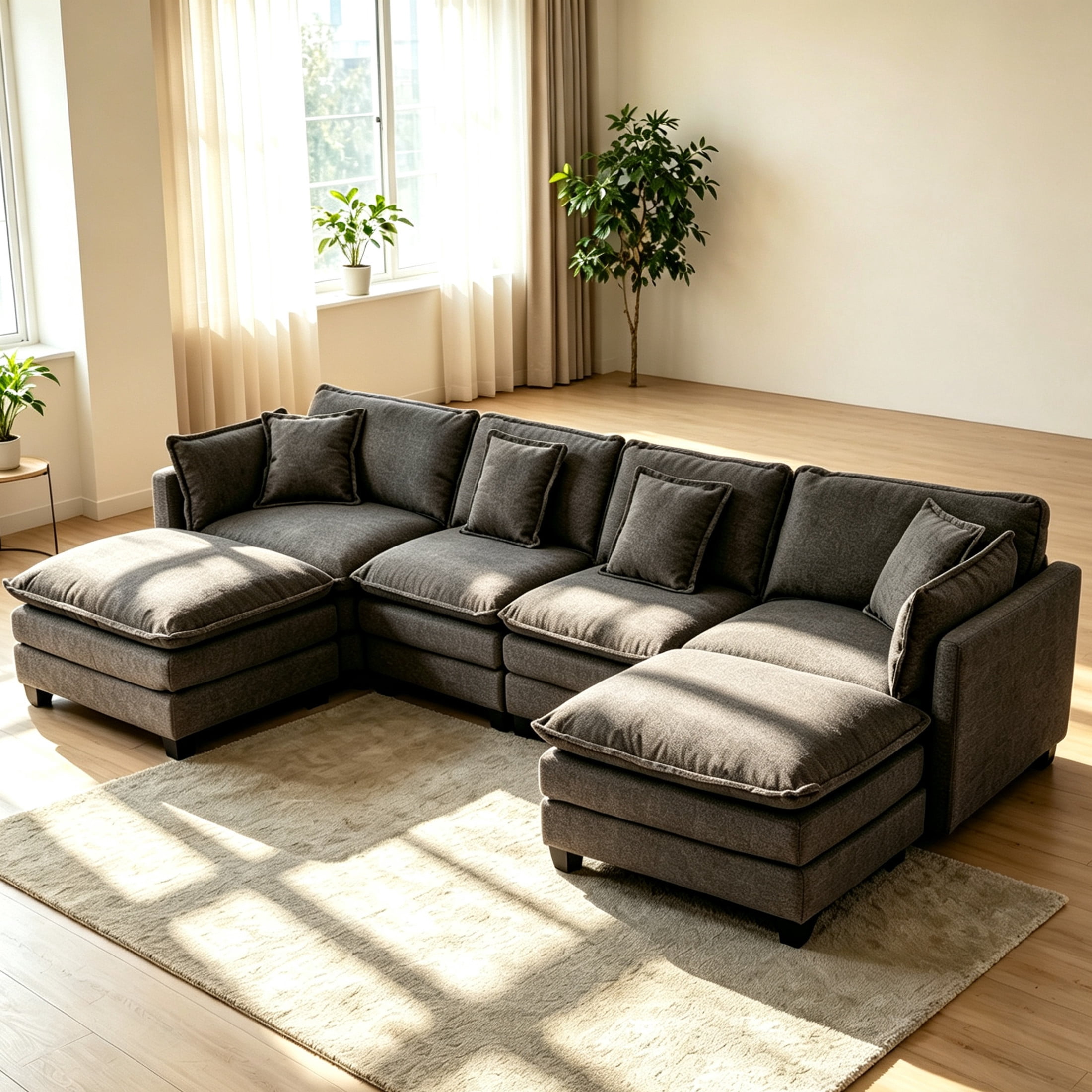 GDF Studio Udolf 149.61" Modern 4-Seat Modular Sectional Sofa with Ottomans and Pillows, Chaise Lounge for Living Room, Grey