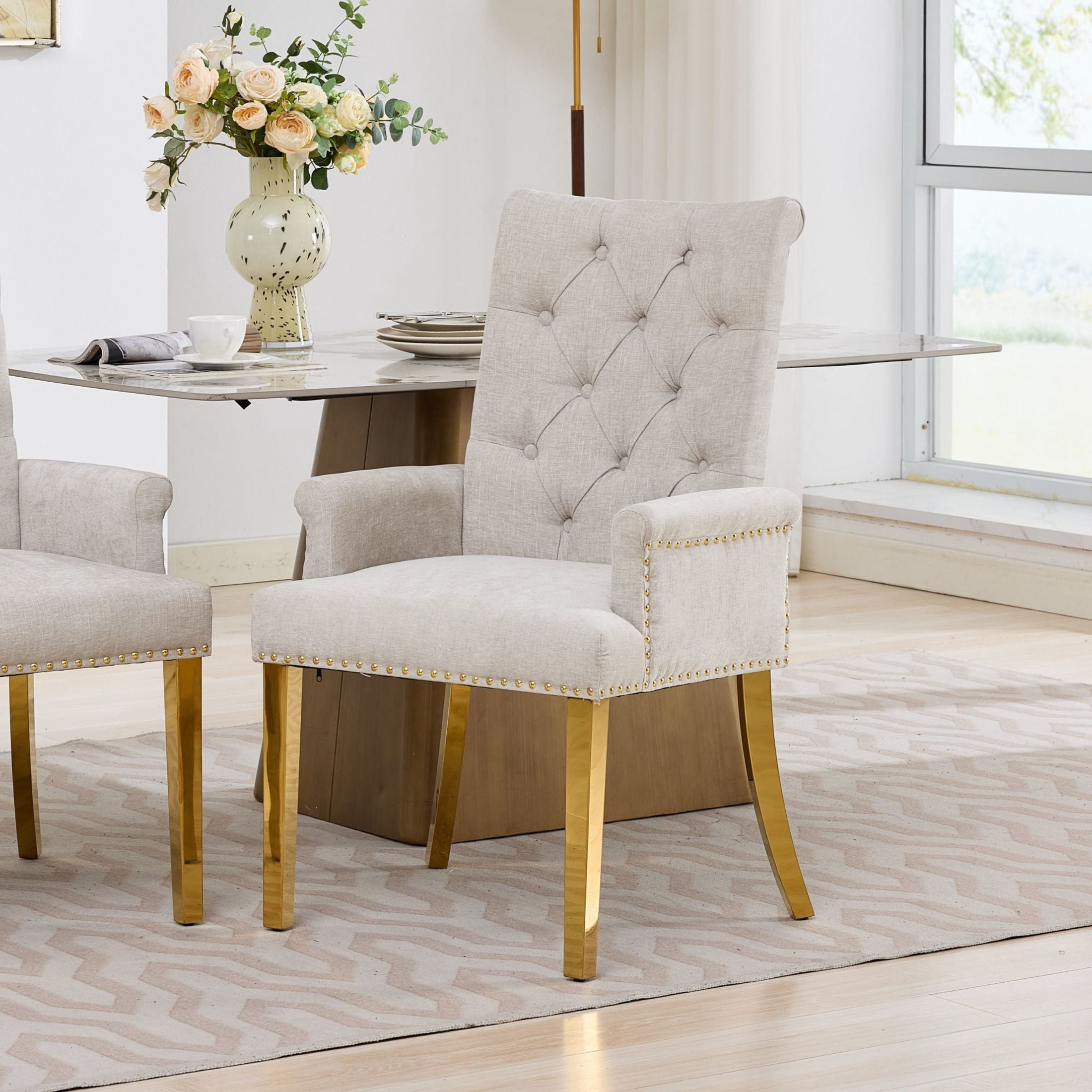 GDF Studio Upholstered Dining Chair with Button-Tufted Back, Nailhead Trim, Stainless Steel Legs, Beige