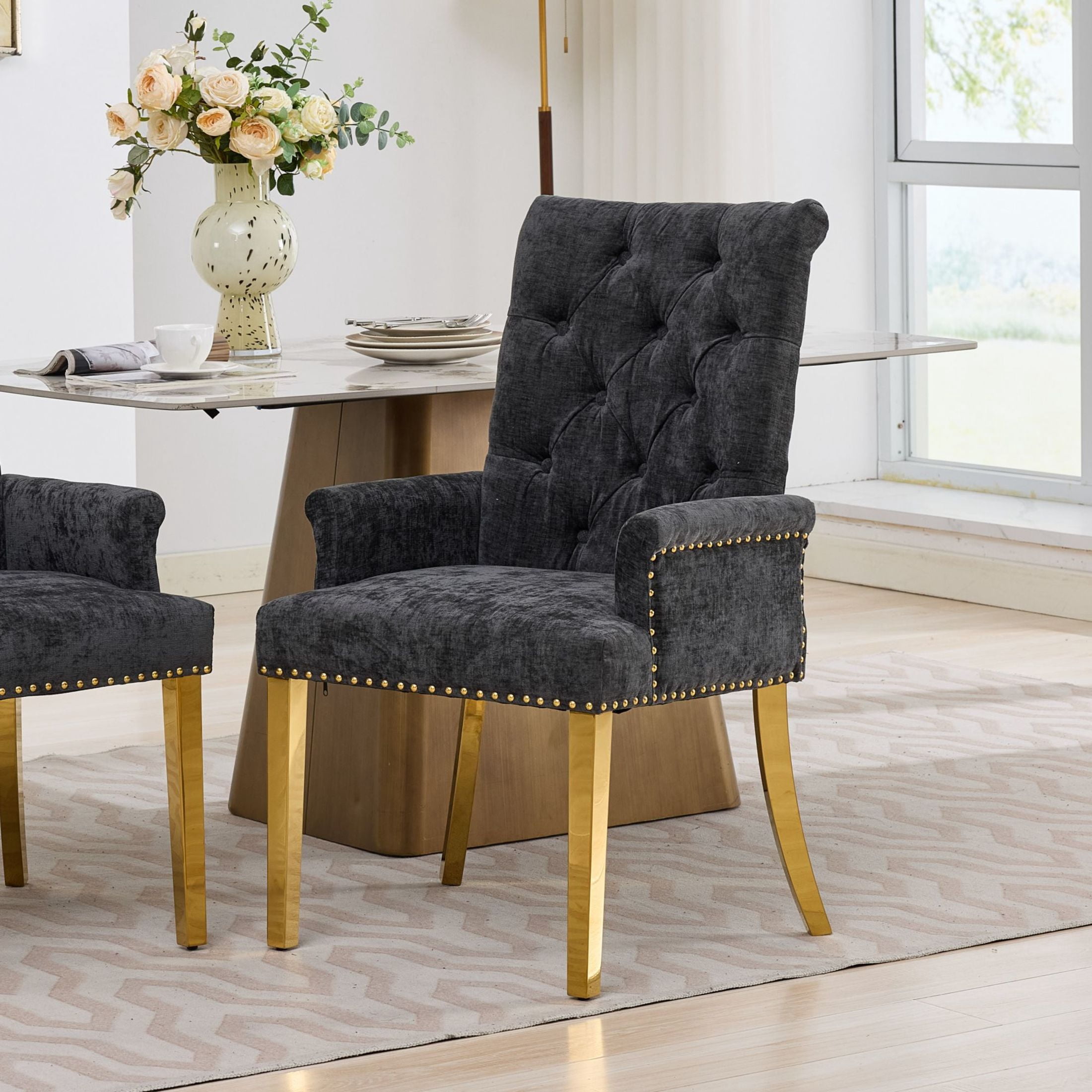 GDF Studio Upholstered Dining Chair with Button-Tufted Back, Nailhead Trim, Stainless Steel Legs, Black