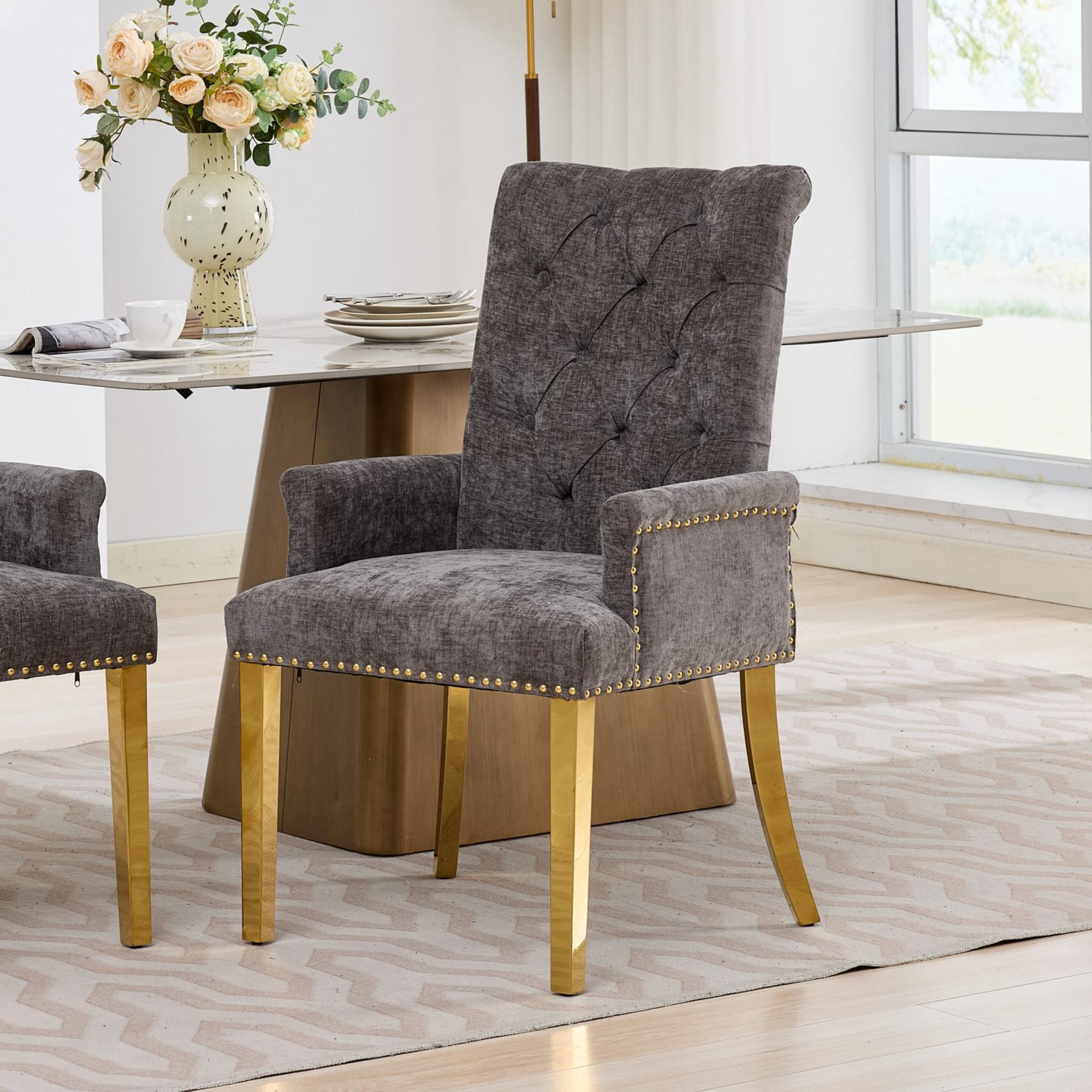 GDF Studio Upholstered Dining Chair with Button-Tufted Back, Nailhead Trim, Stainless Steel Legs, Gray
