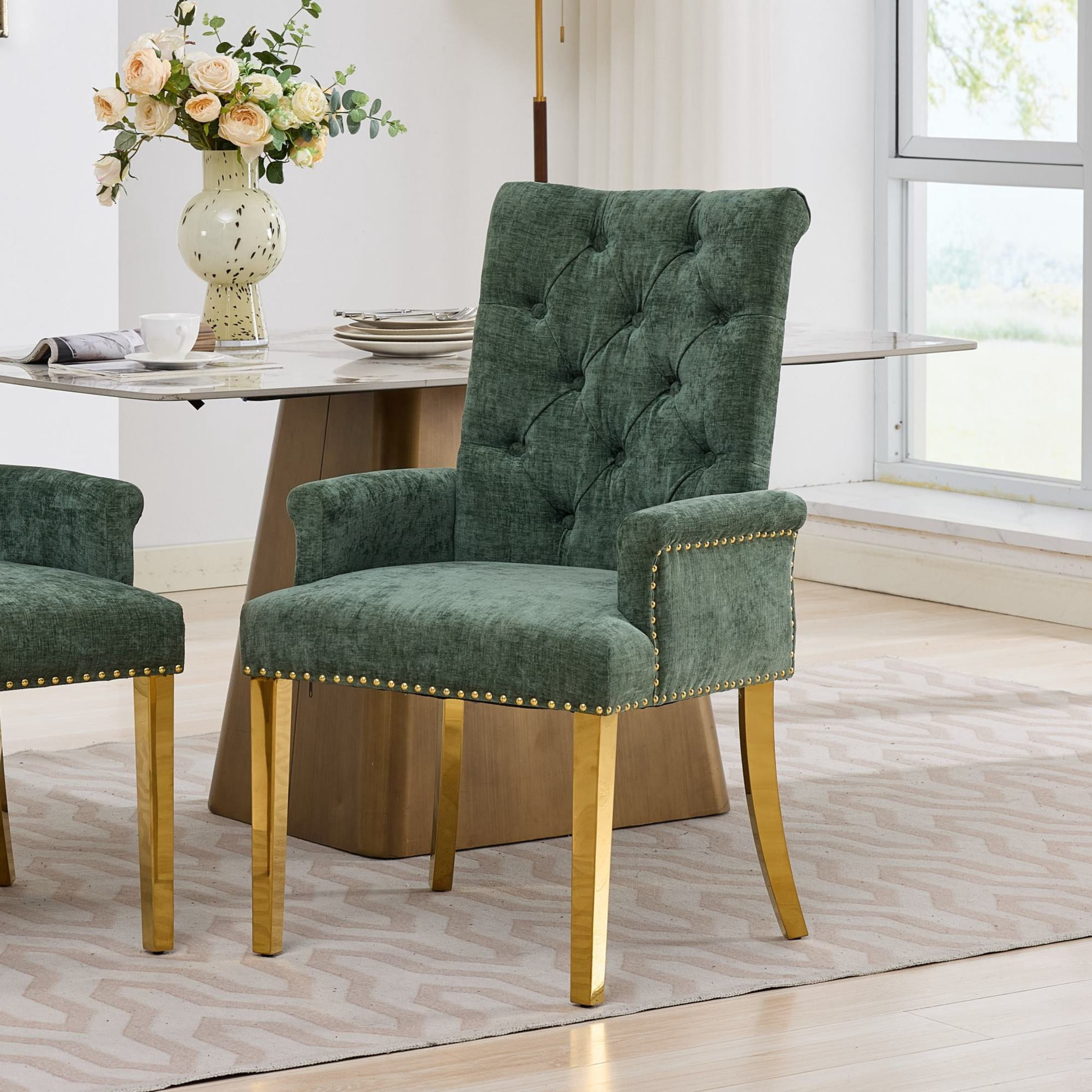 GDF Studio Upholstered Dining Chair with Button-Tufted Back, Nailhead Trim, Stainless Steel Legs, Olive Green
