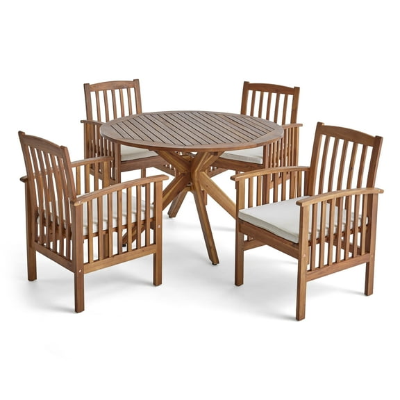 GDF Studio Valence Outdoor Acacia Wood 5 Piece Dining Set with Cushion, Teak and Cream