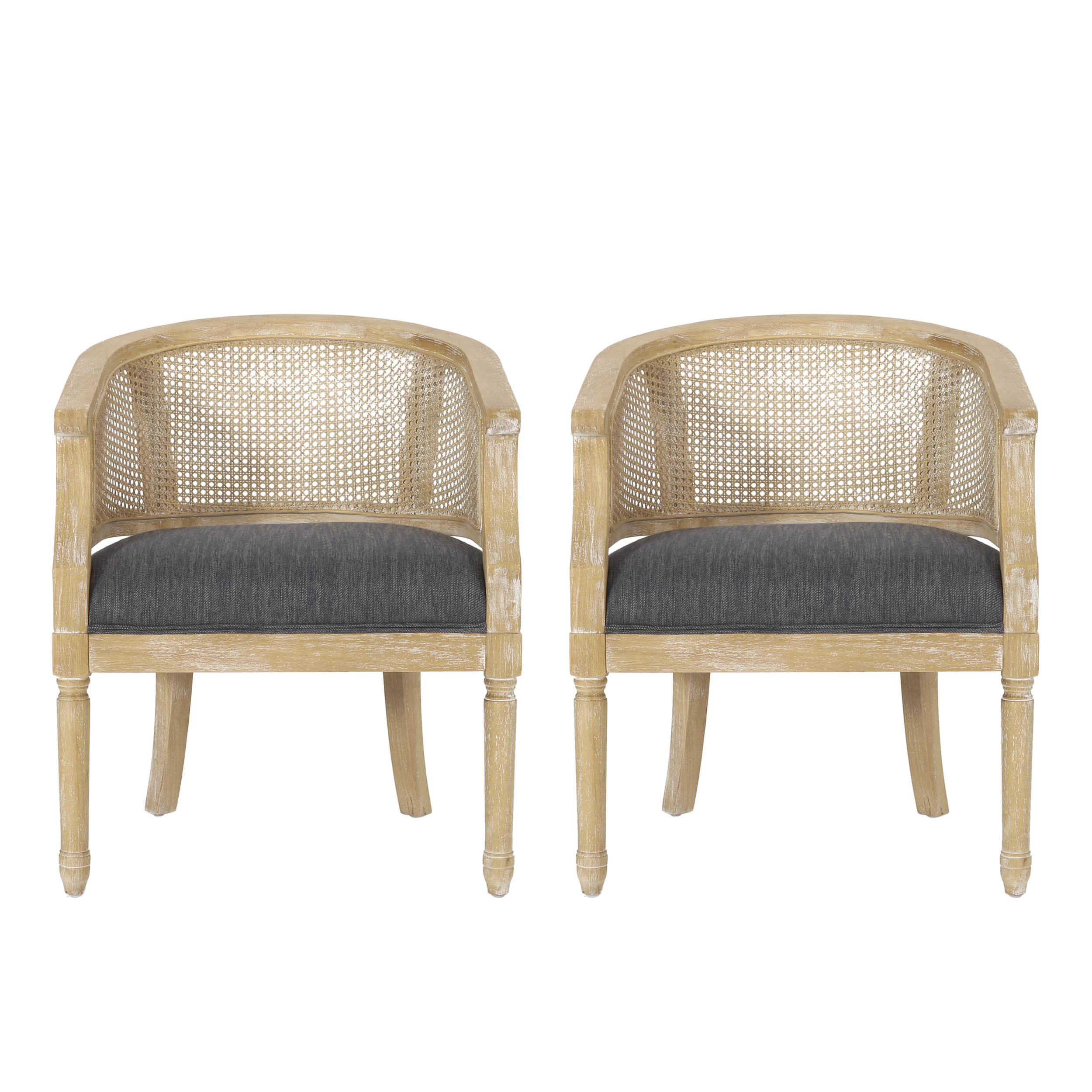GDF Studio Velie French Country Fabric Upholstered Wood and Cane Accent Chairs, Set of 2, Charcoal and Natural