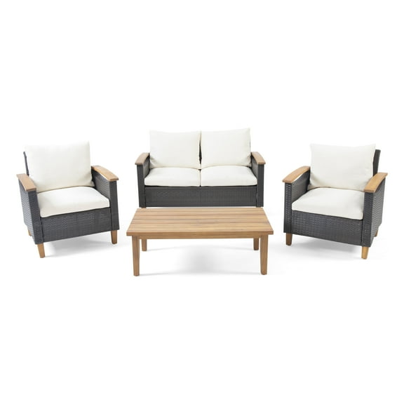 GDF Studio Velthur Outdoor Wicker and Acacia Wood 4 Seater Chat Set with Cushions, Multibrown, Beige, and Teak