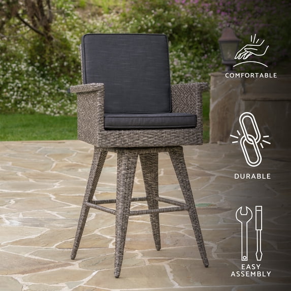 GDF Studio Venice Outdoor Wicker 28 Inch Swivel Barstool with Cushions, Mixed Black and Dark Gray