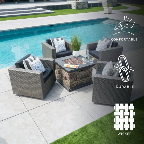 GDF Studio Venice Outdoor Wicker 5 Piece Swivel Club Chair and Fire Pit Set, Mixed Black, Dark Gray, and Stone