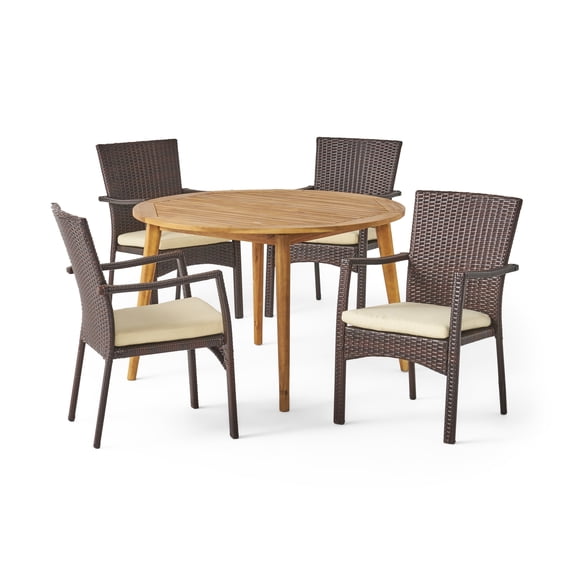 GDF Studio Venti Outdoor Acacia Wood and Wicker 5 Piece Dining Set with Cushion, Teak, Brown, and Cream