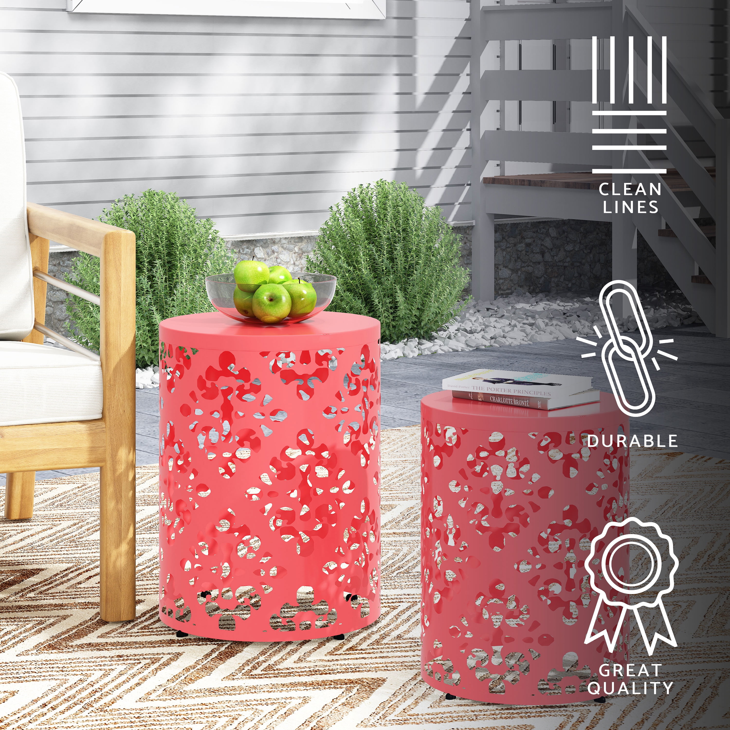Dark Coral Iron Cylindrical Outdoor Side Tables, Set of 2
