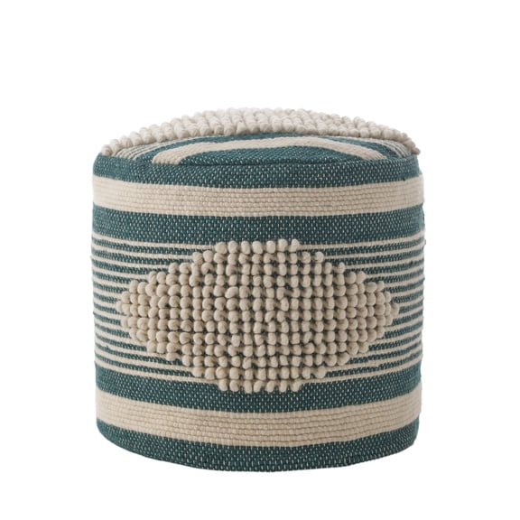 GDF Studio Villard Boho Handcrafted Fabric Cylinder Pouf, White and Teal
