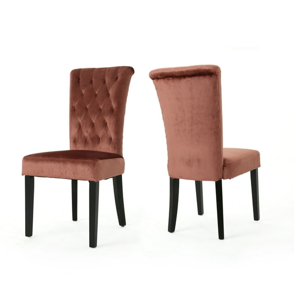 GDF Studio Villere Contemporary Tufted Roll Top Dining Chairs, Set of 2, Blush Velvet and Dark Brown