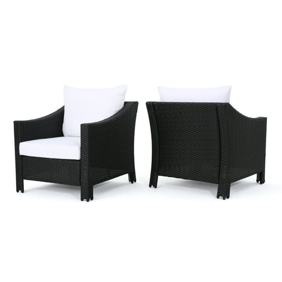 GDF Studio Vincent Outdoor Wicker Club Chairs with Cushions, Set of 2, Black and White