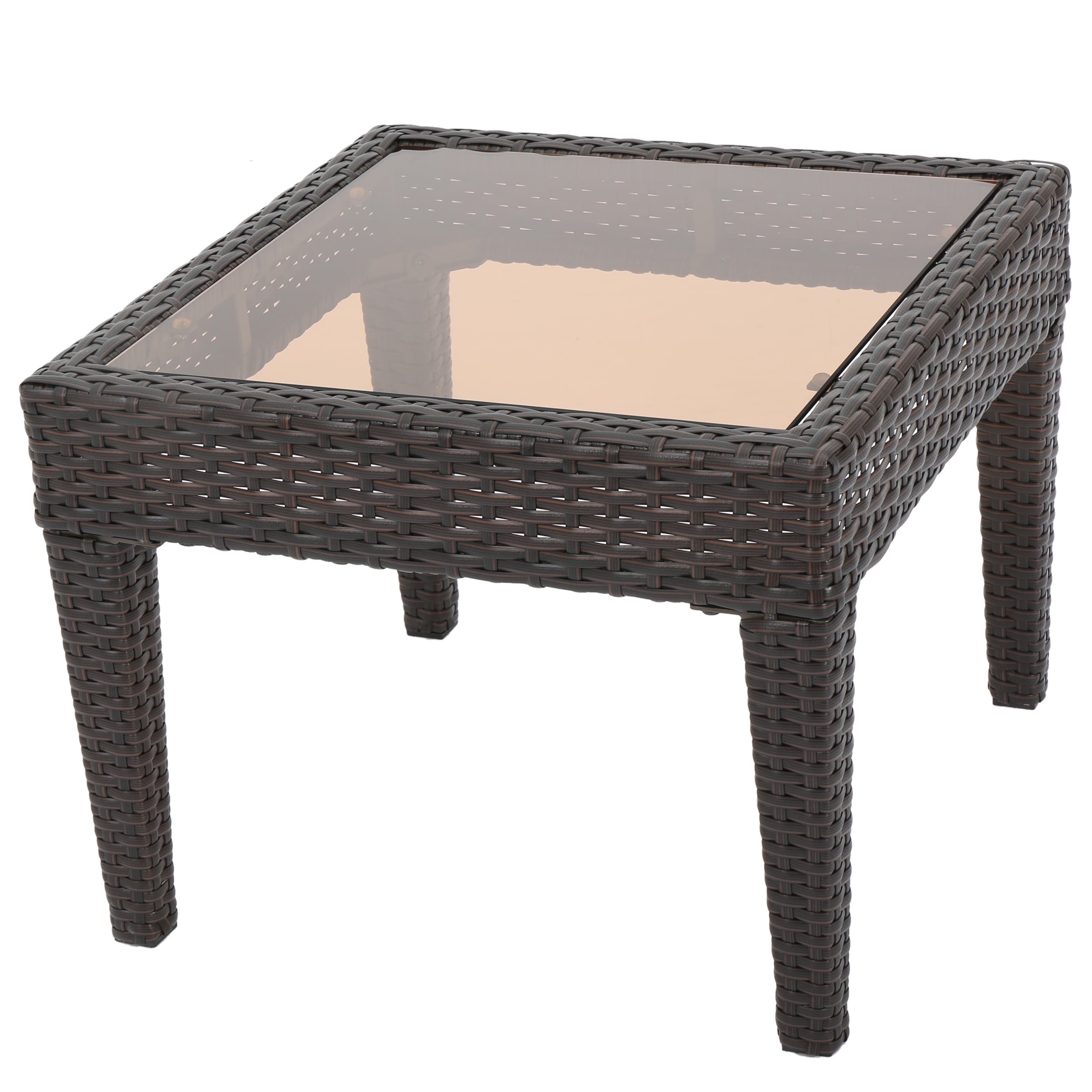 GDF Studio Vincent Outdoor Wicker Side Table with Glass Top, Multibrown