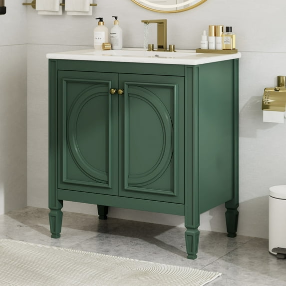 GDF Studio Vintage 30" Bathroom Vanity with Ceramic Sink, Soft-Close Door, and Ample Storage, Green