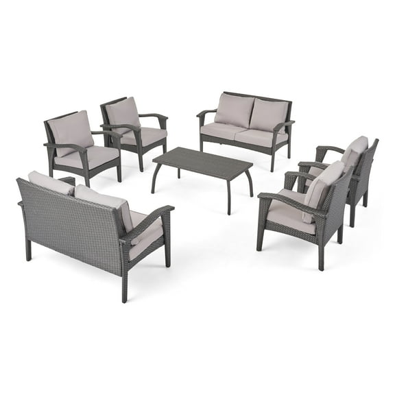 GDF Studio Voyage Outdoor 6 Seater Wicker Chat Set with Cushions, Gray and Light Gray