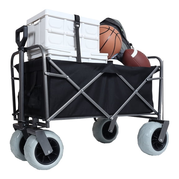 GDF Studio Wagon with Balloon Tires, All-Terrain Utility Cart with Insulated Cooler Bag and Strapping System, Black